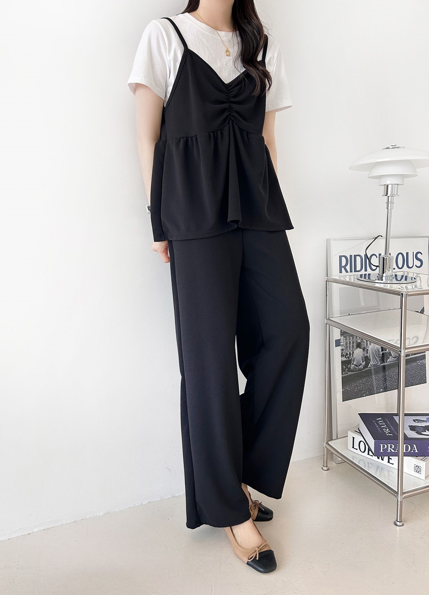 Vネックウエストゴムギャザーワイドセットアップパンツベスト | 詳細画像14