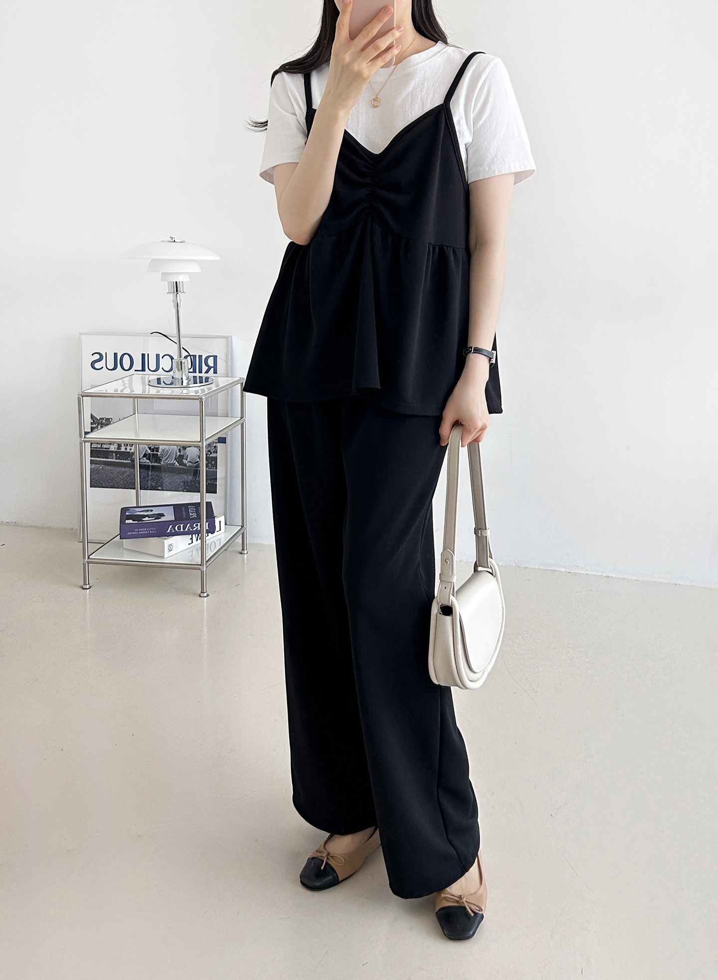 Vネックウエストゴムギャザーワイドセットアップパンツベスト | 詳細画像15