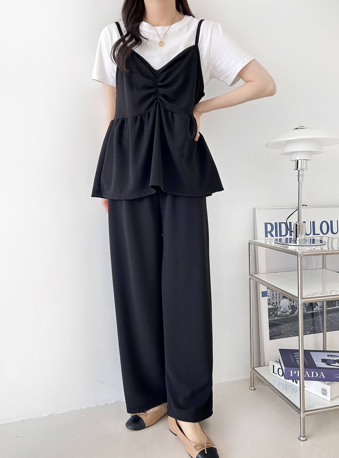 Vネックウエストゴムギャザーワイドセットアップパンツベスト | 詳細画像16