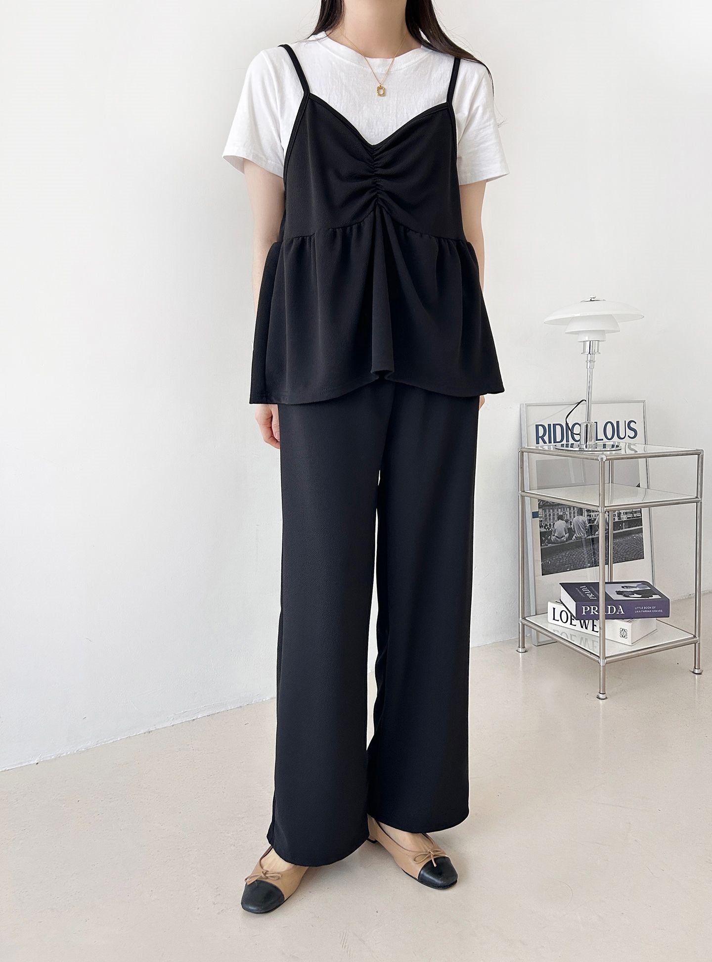 Vネックウエストゴムギャザーワイドセットアップパンツベスト | 詳細画像17