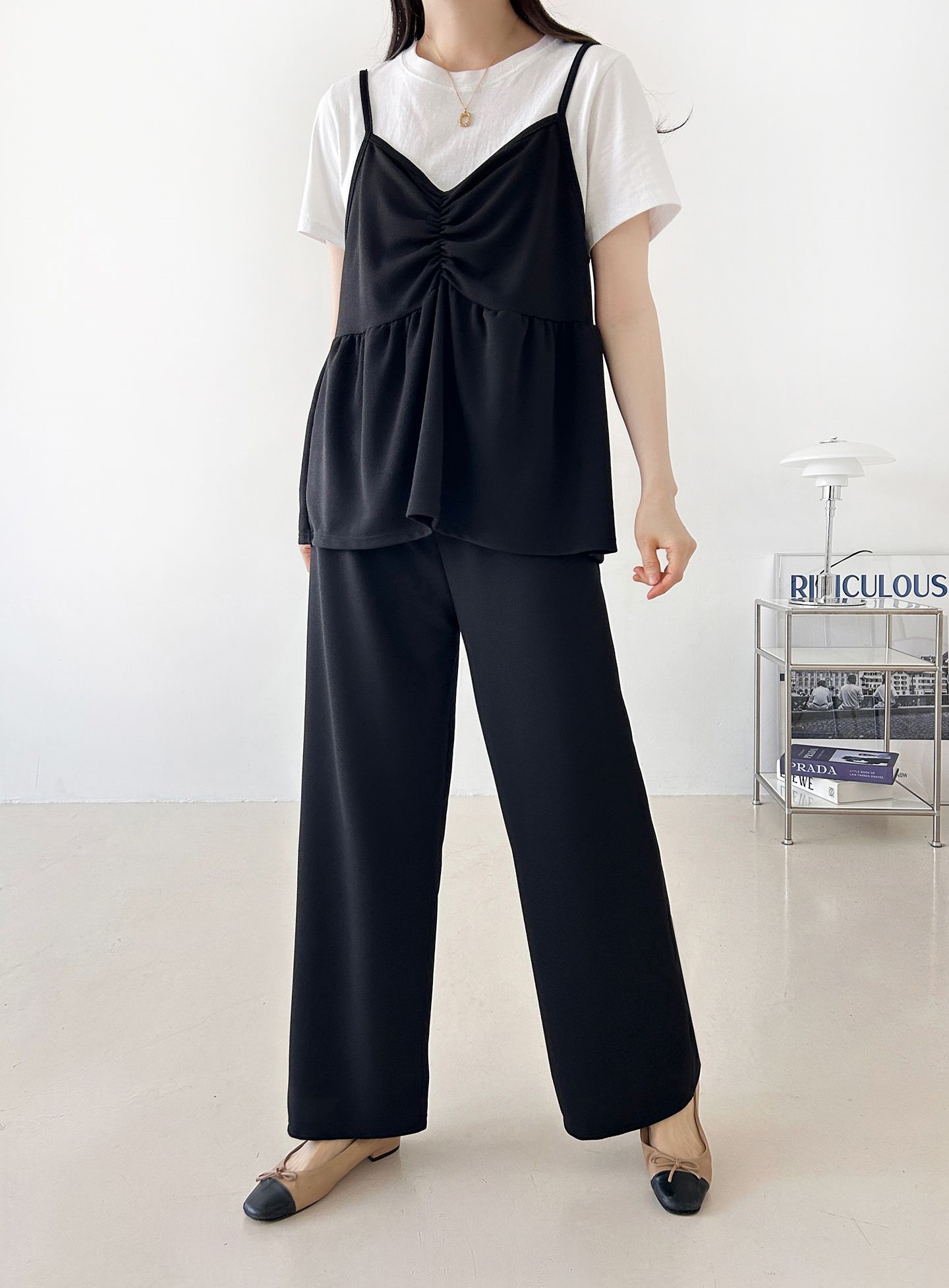 Vネックウエストゴムギャザーワイドセットアップパンツベスト | 詳細画像18