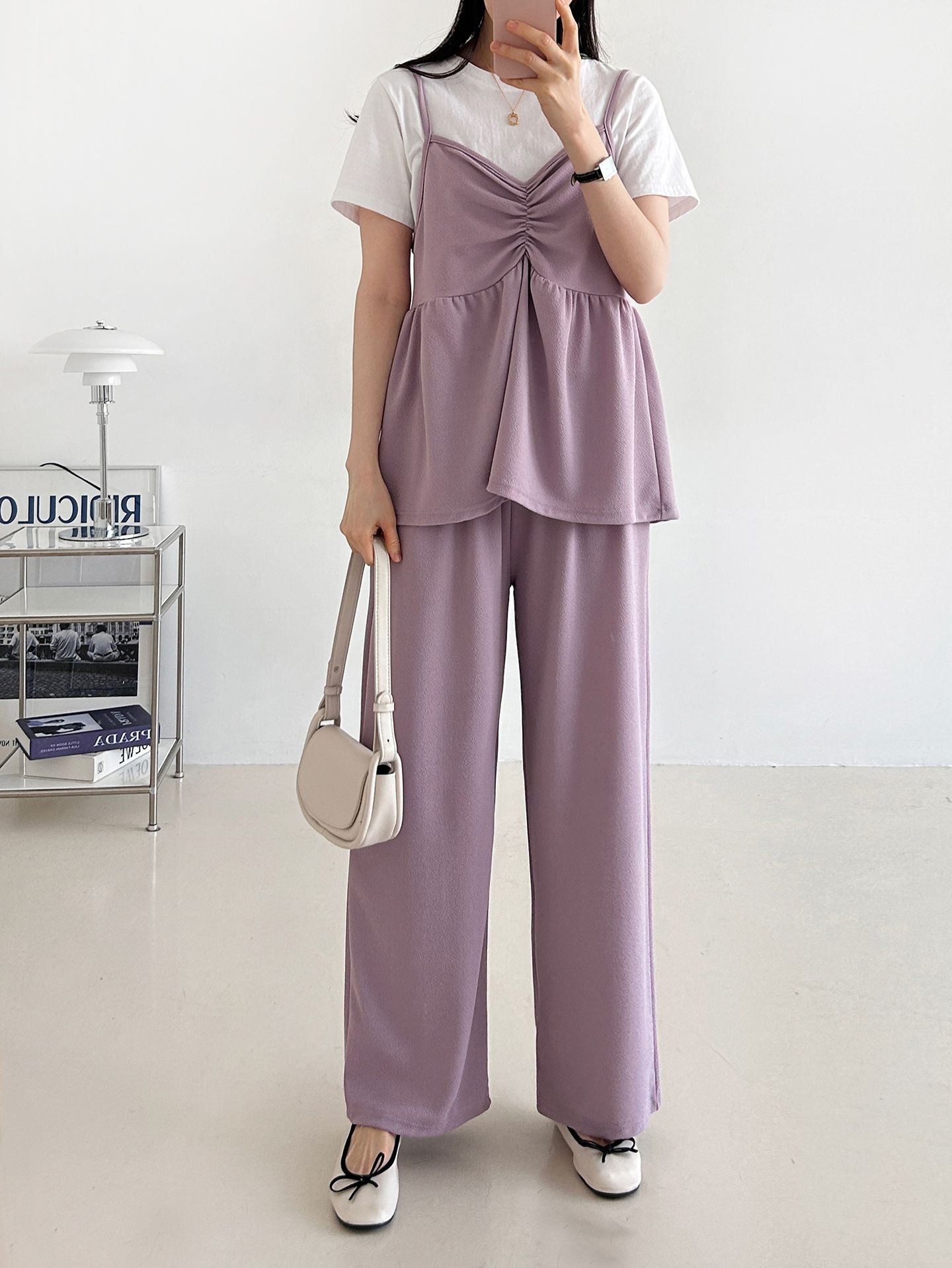 Vネックウエストゴムギャザーワイドセットアップパンツベスト | 詳細画像20