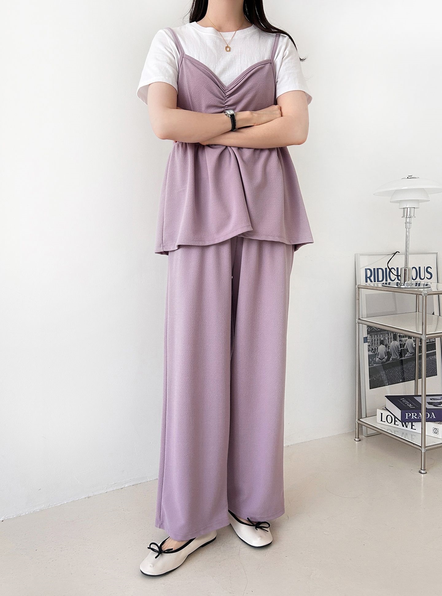 Vネックウエストゴムギャザーワイドセットアップパンツベスト | 詳細画像21