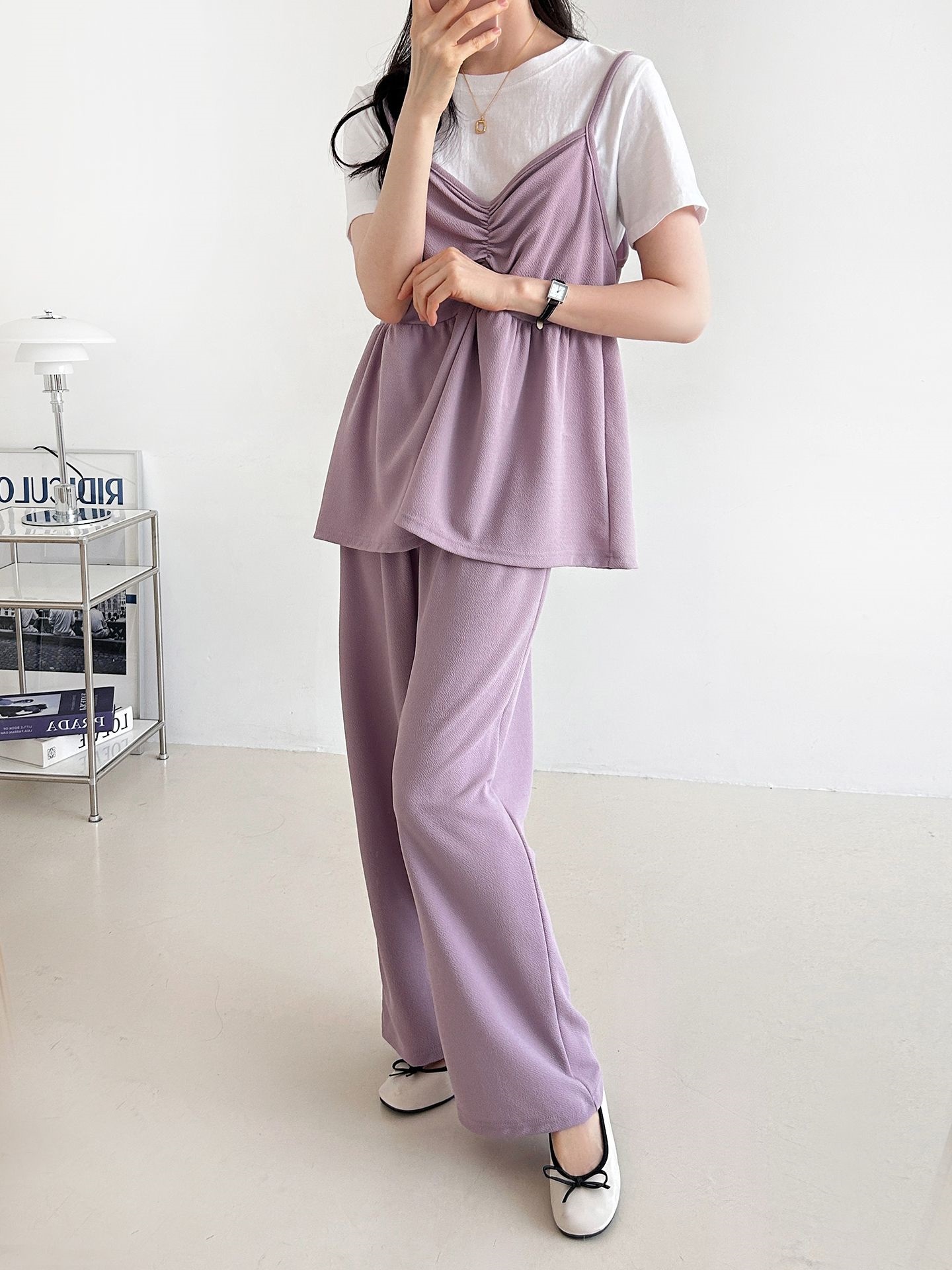 Vネックウエストゴムギャザーワイドセットアップパンツベスト | 詳細画像25