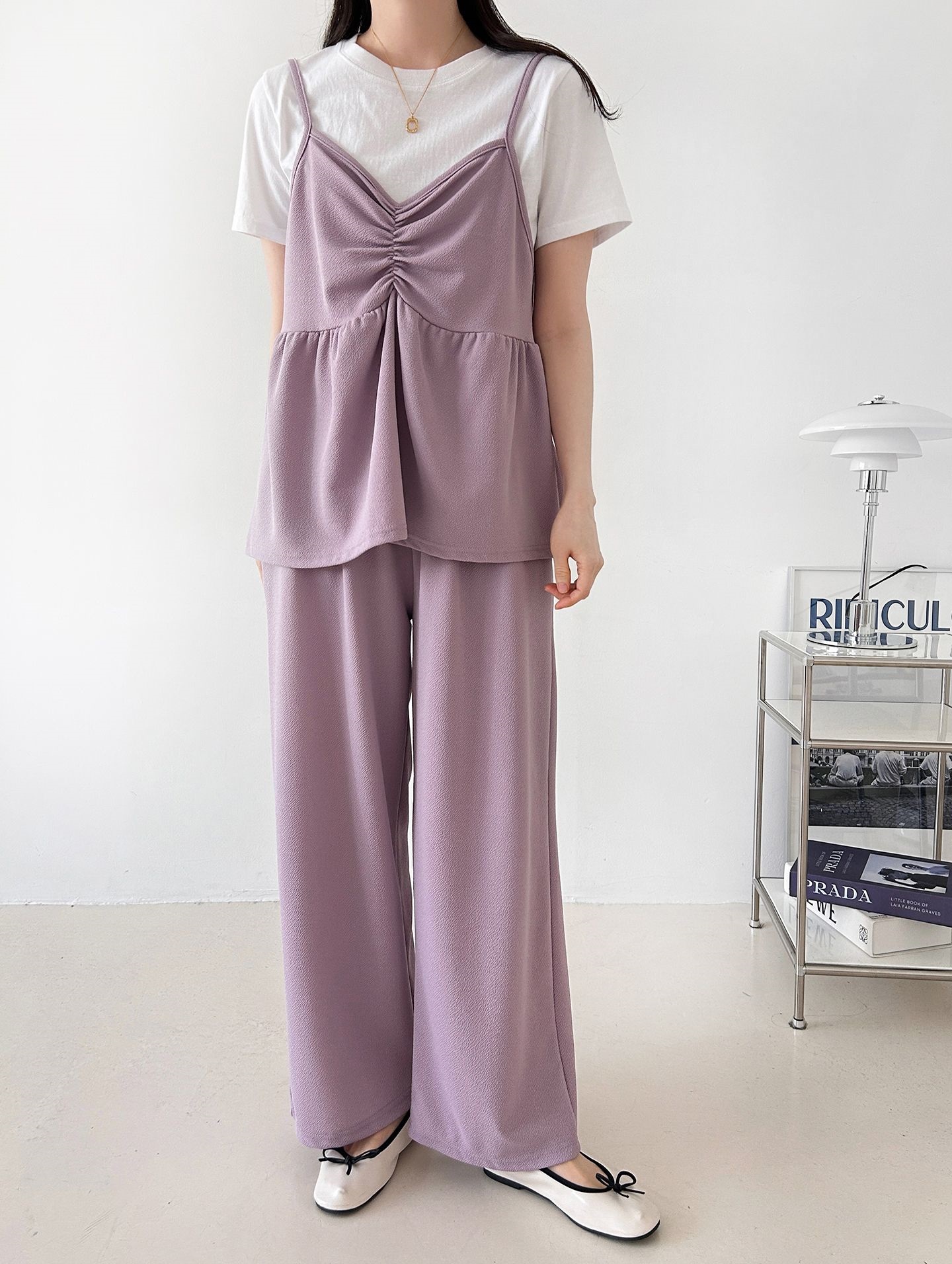 Vネックウエストゴムギャザーワイドセットアップパンツベスト | 詳細画像23