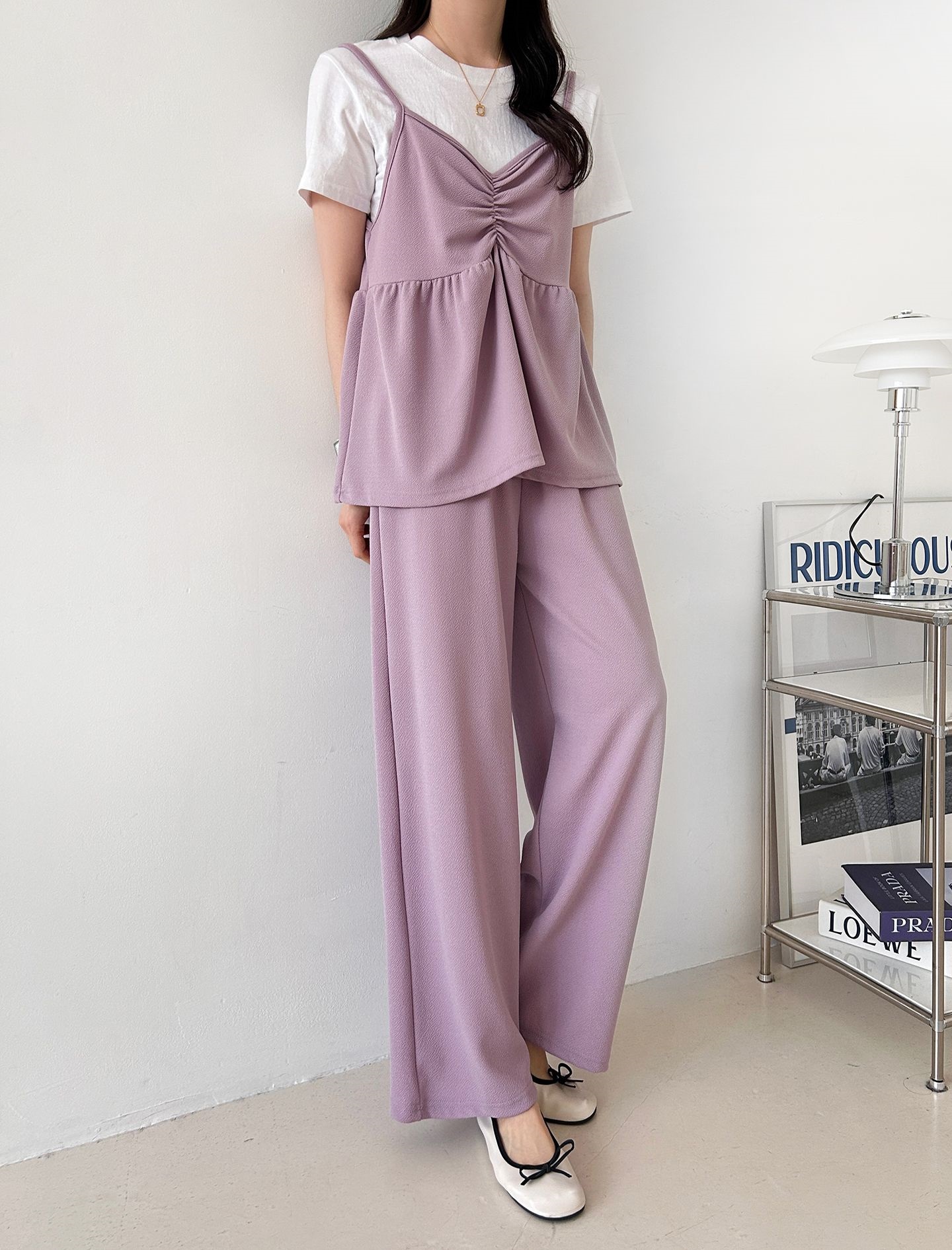 Vネックウエストゴムギャザーワイドセットアップパンツベスト | 詳細画像24