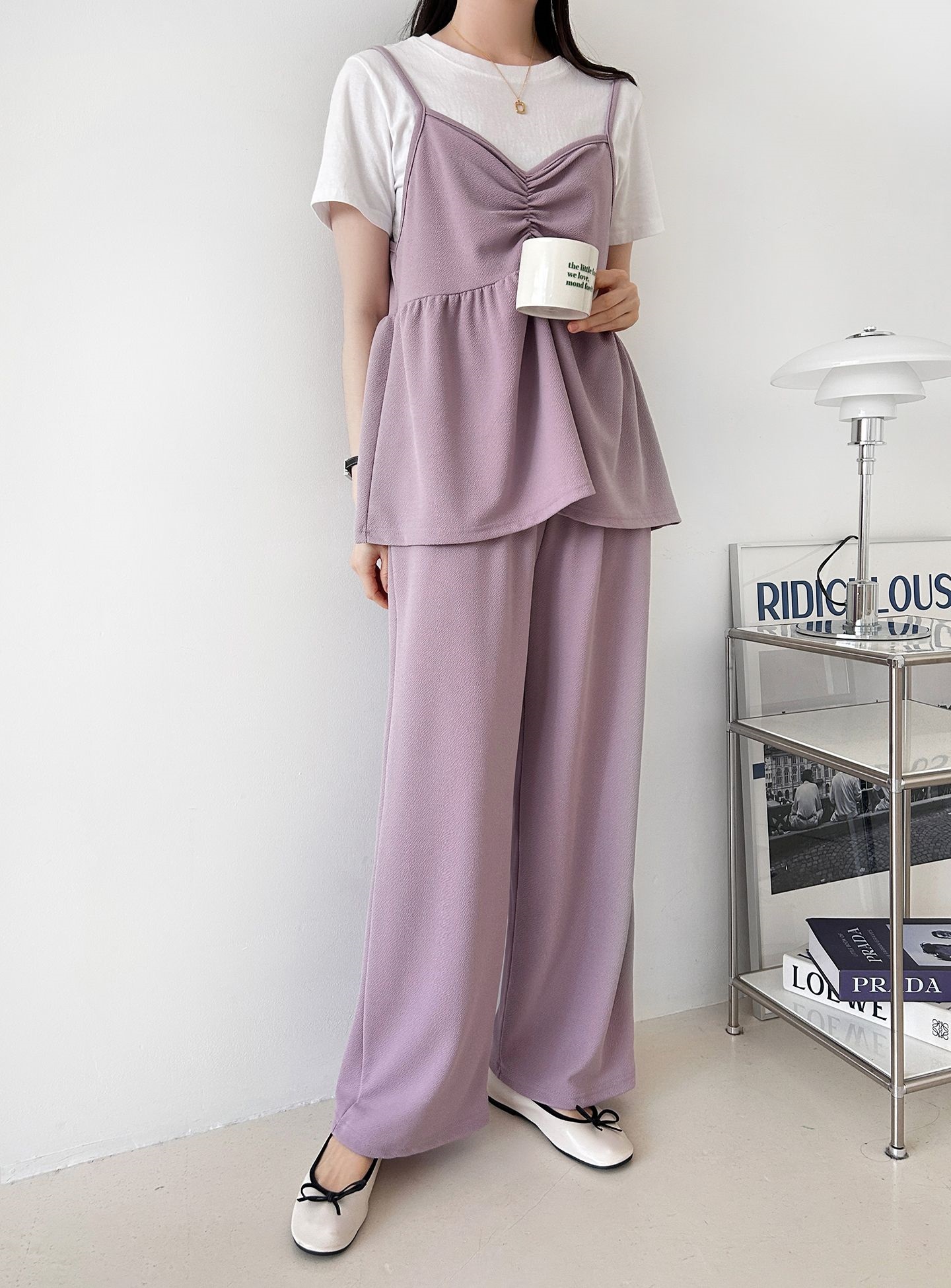 Vネックウエストゴムギャザーワイドセットアップパンツベスト | 詳細画像26