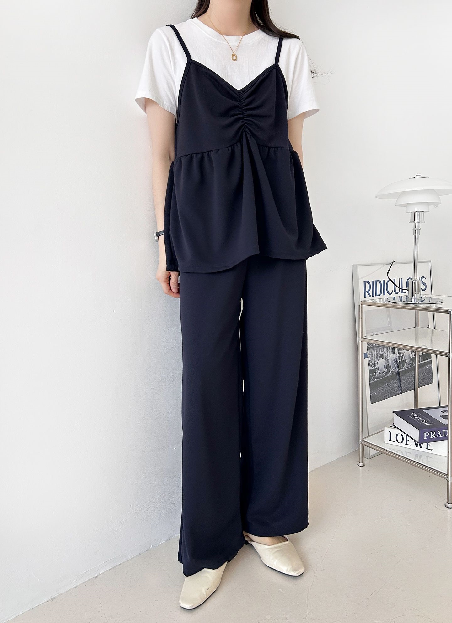 Vネックウエストゴムギャザーワイドセットアップパンツベスト | 詳細画像31