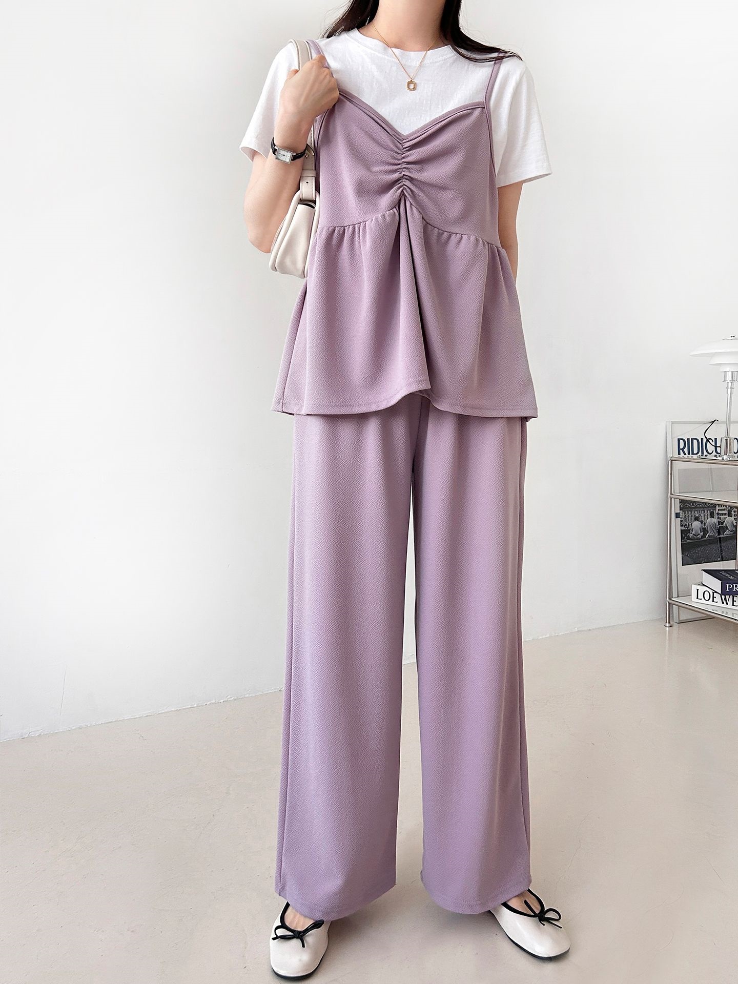 Vネックウエストゴムギャザーワイドセットアップパンツベスト | 詳細画像27