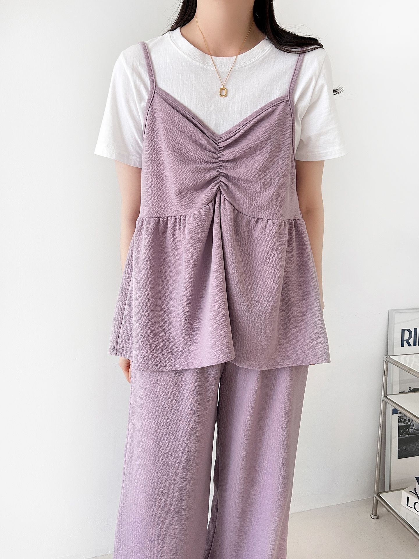 Vネックウエストゴムギャザーワイドセットアップパンツベスト | 詳細画像28