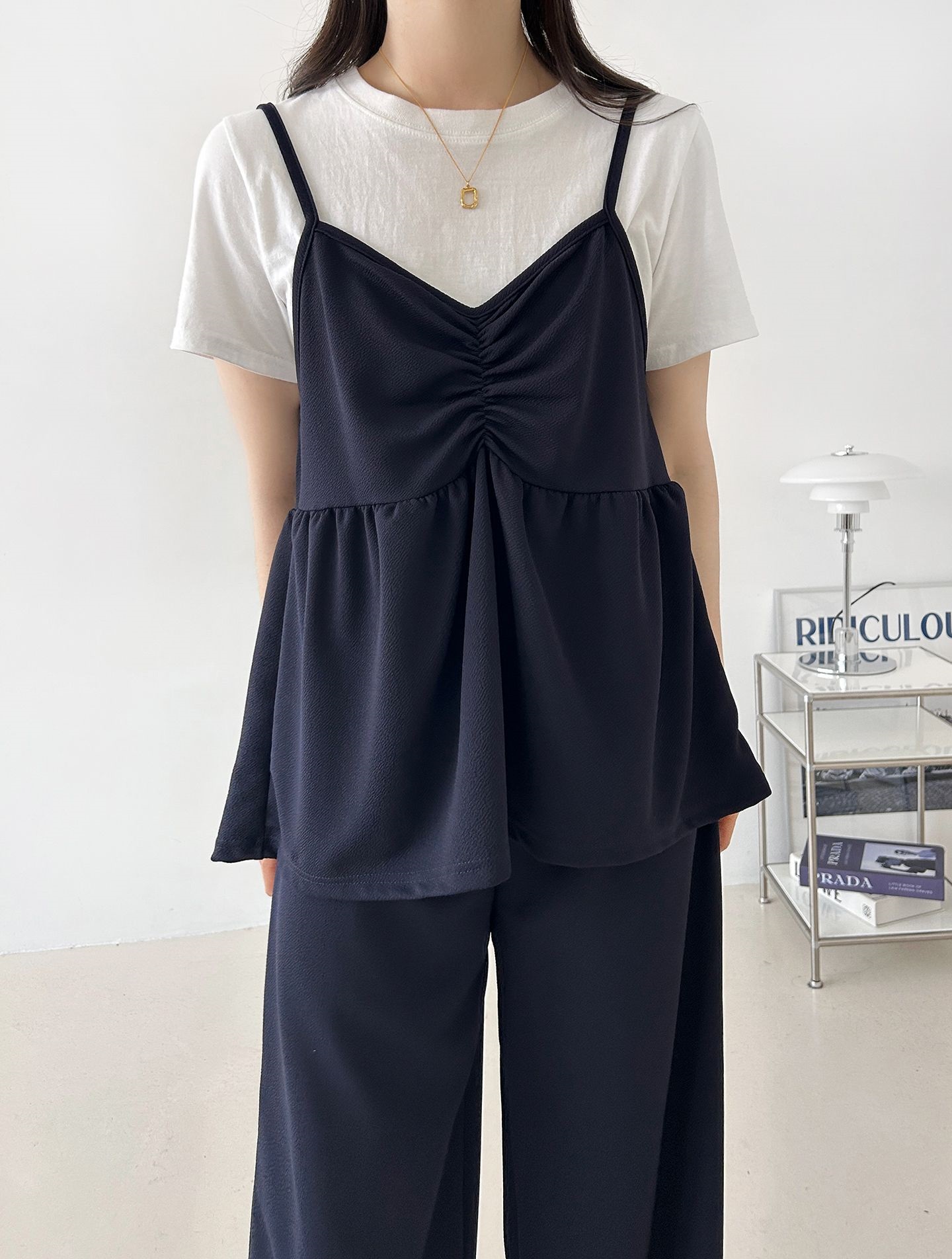 Vネックウエストゴムギャザーワイドセットアップパンツベスト | 詳細画像32