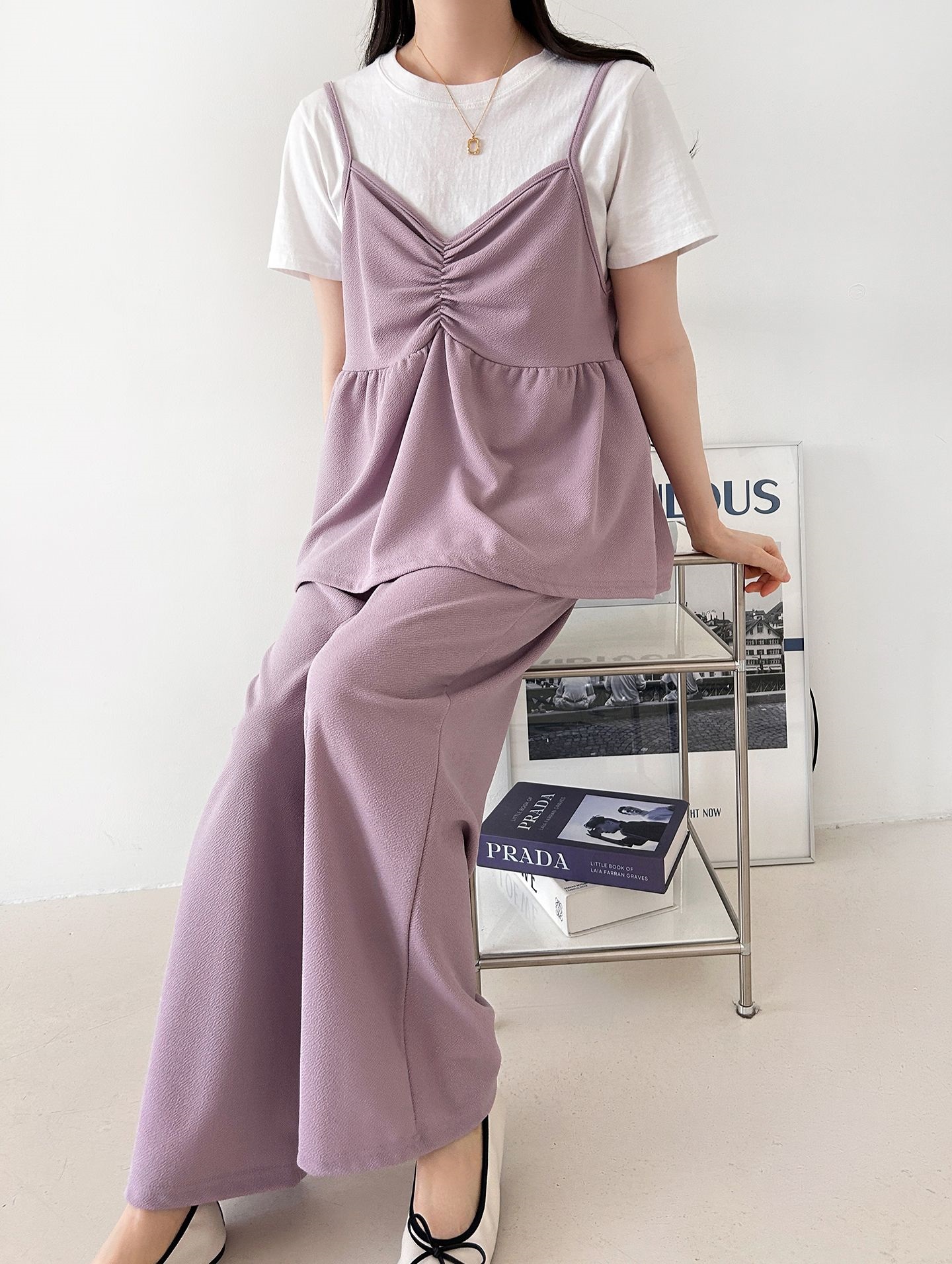 Vネックウエストゴムギャザーワイドセットアップパンツベスト | 詳細画像29