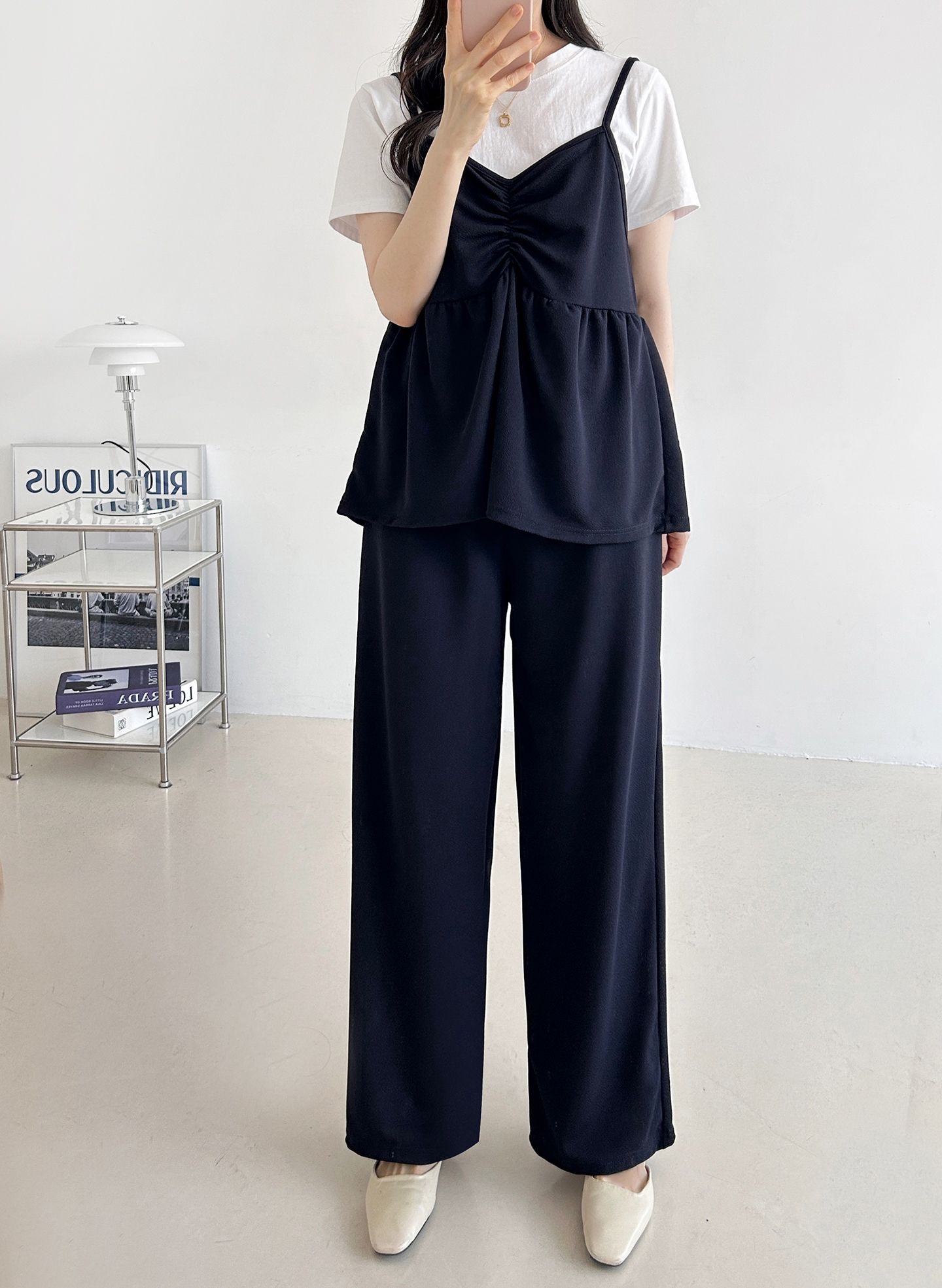 Vネックウエストゴムギャザーワイドセットアップパンツベスト | 詳細画像33