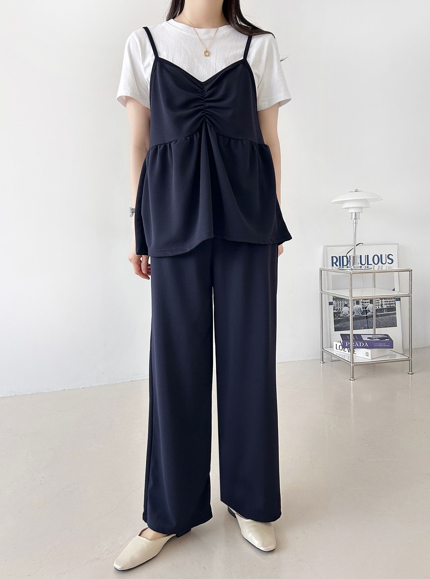 Vネックウエストゴムギャザーワイドセットアップパンツベスト | 詳細画像34