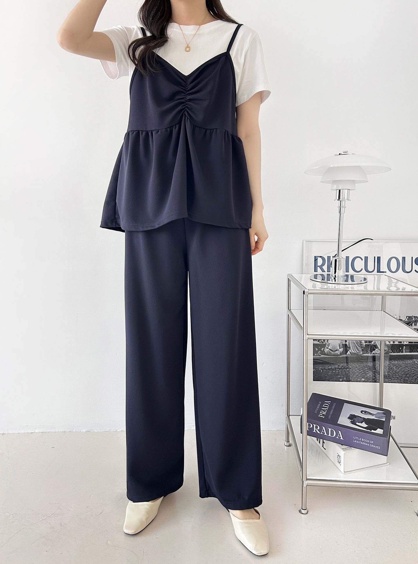 Vネックウエストゴムギャザーワイドセットアップパンツベスト | 詳細画像35