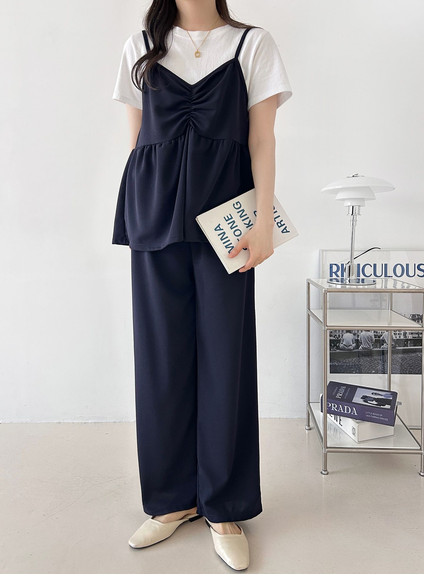 Vネックウエストゴムギャザーワイドセットアップパンツベスト | 詳細画像36