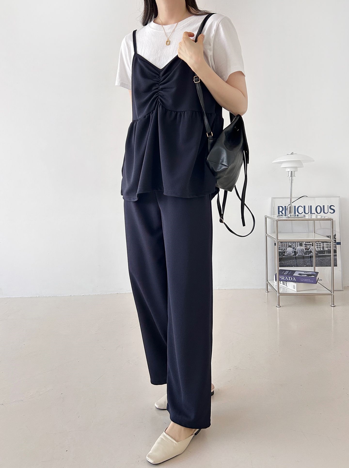 Vネックウエストゴムギャザーワイドセットアップパンツベスト | 詳細画像37