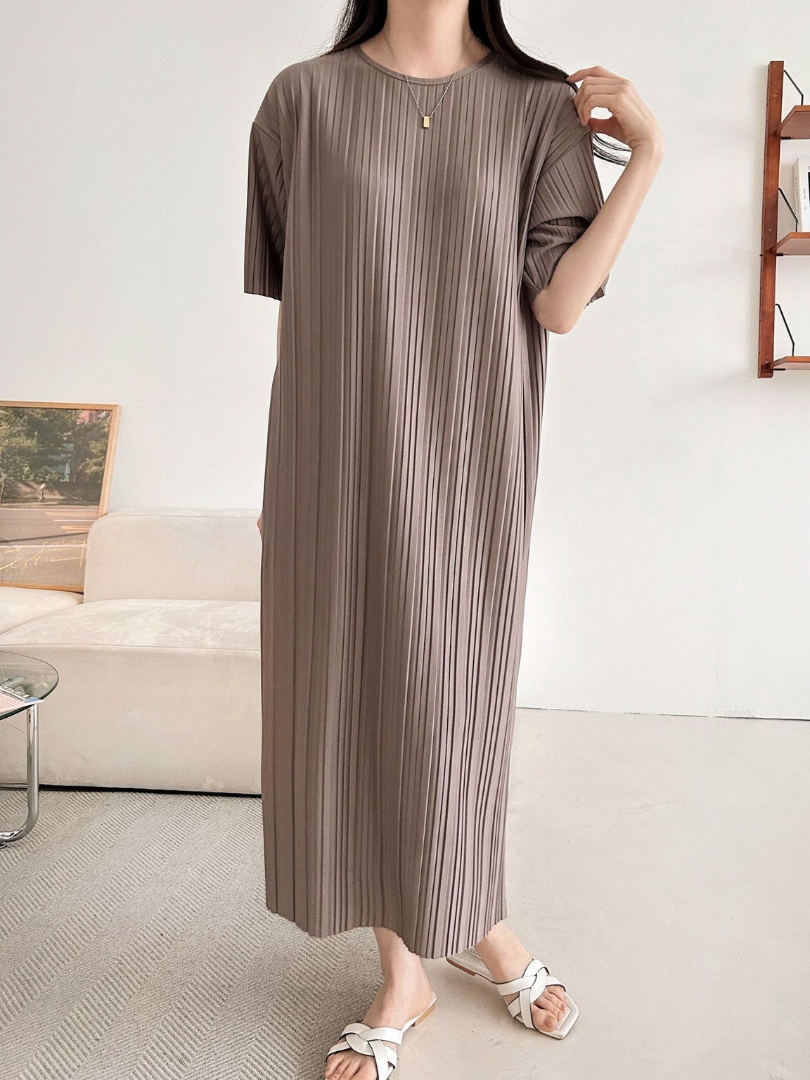 ラウンドネックリンクルロングルーズ半袖ワンピース | 詳細画像23