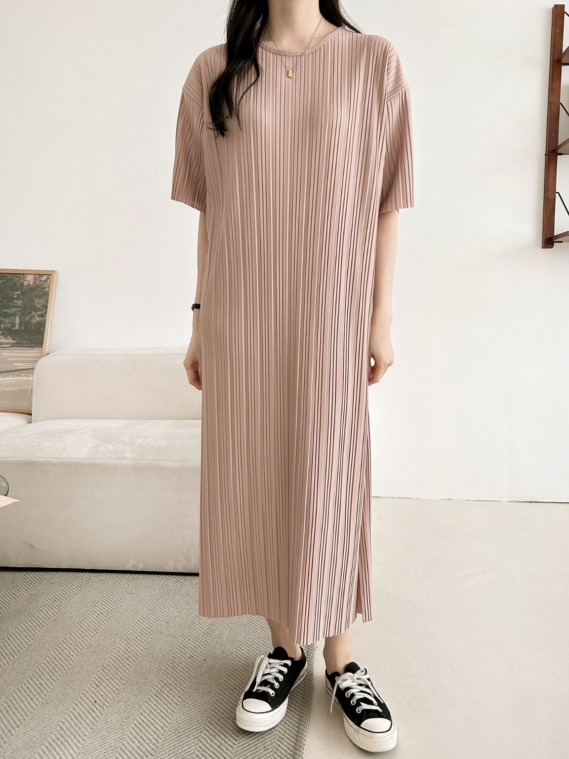 ラウンドネックリンクルロングルーズ半袖ワンピース | 詳細画像37