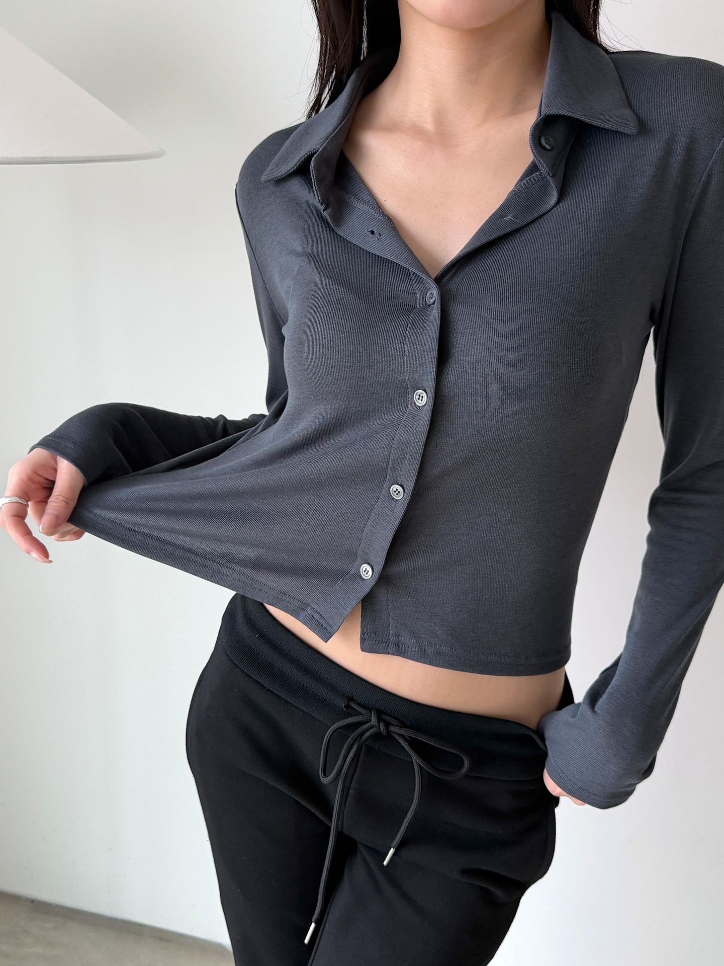 配色ボタンカラーベーシックスリム長袖Tシャツ | 詳細画像5