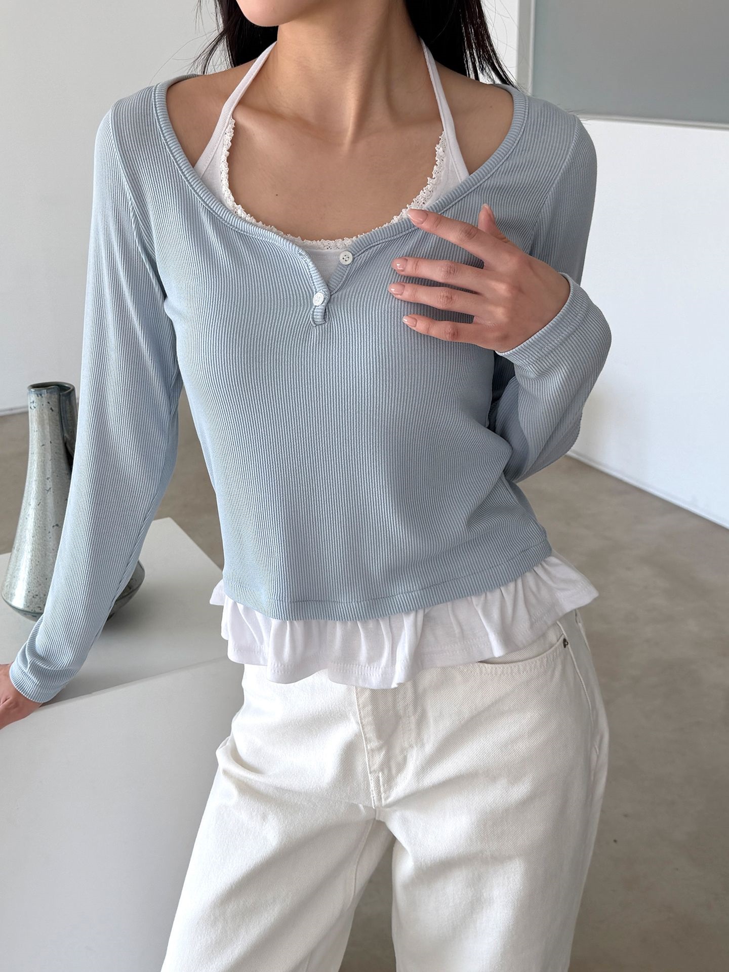 配色ホルターネックベーシックスリムレイヤード風長袖Tシャツ | 詳細画像2