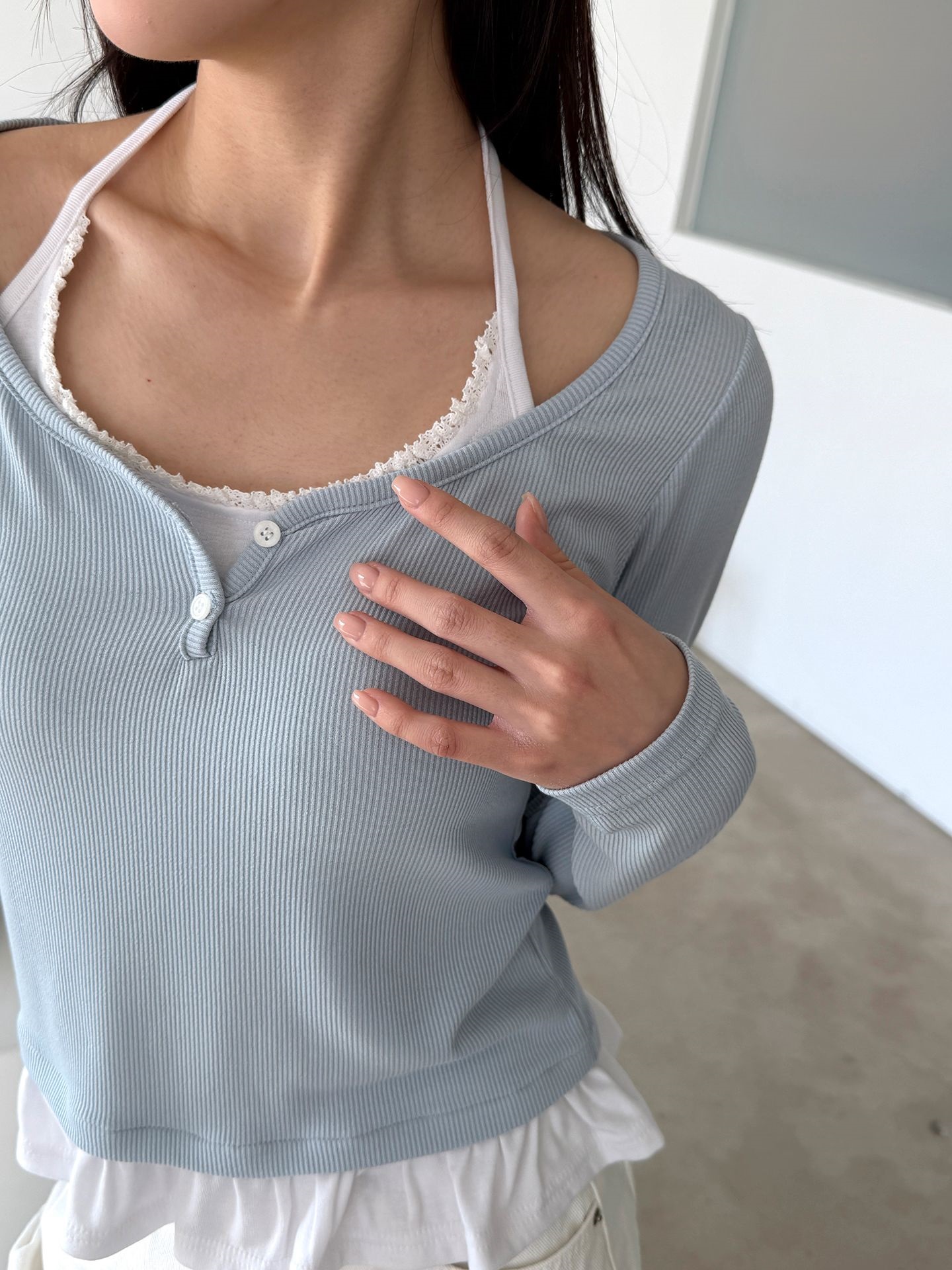 配色ホルターネックベーシックスリムレイヤード風長袖Tシャツ | 詳細画像4