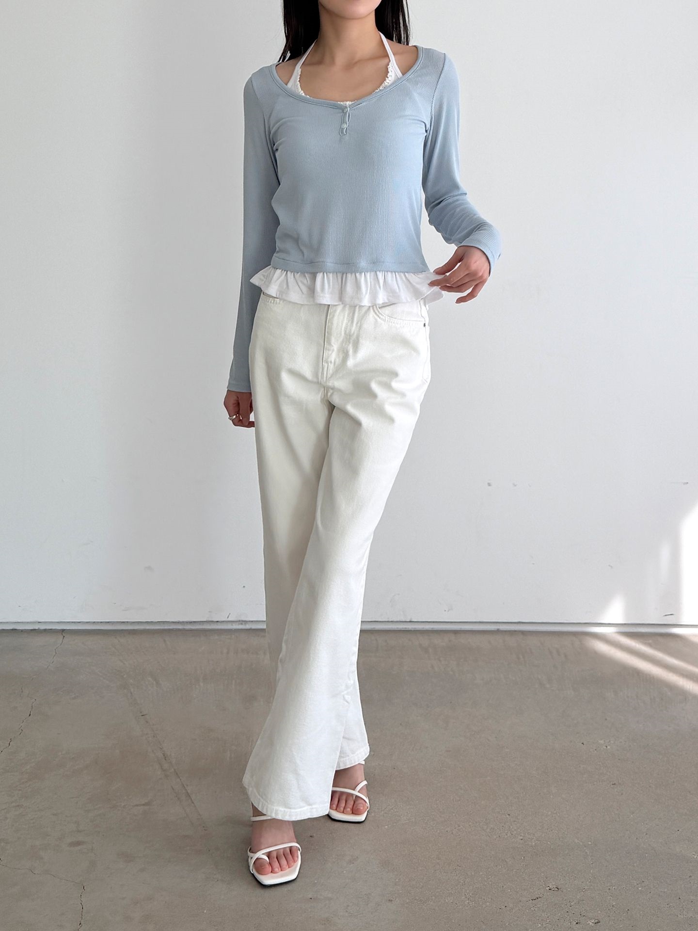 配色ホルターネックベーシックスリムレイヤード風長袖Tシャツ | 詳細画像5