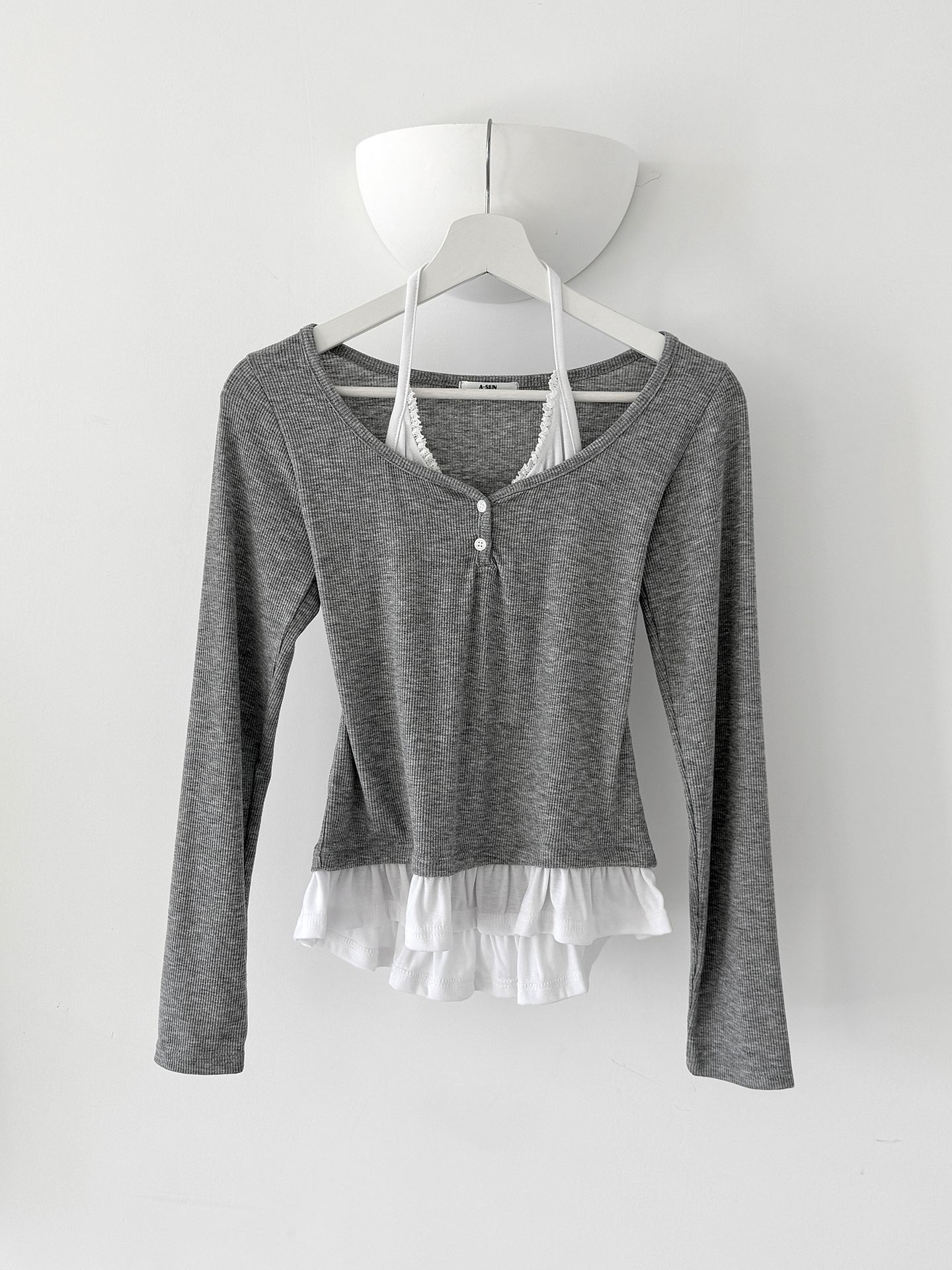 配色ホルターネックベーシックスリムレイヤード風長袖Tシャツ | 詳細画像6