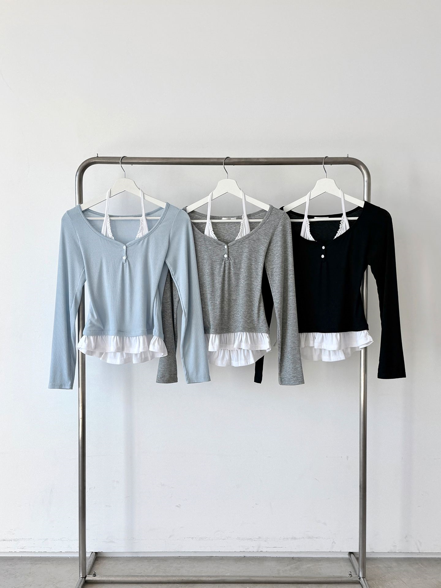 配色ホルターネックベーシックスリムレイヤード風長袖Tシャツ | 詳細画像7