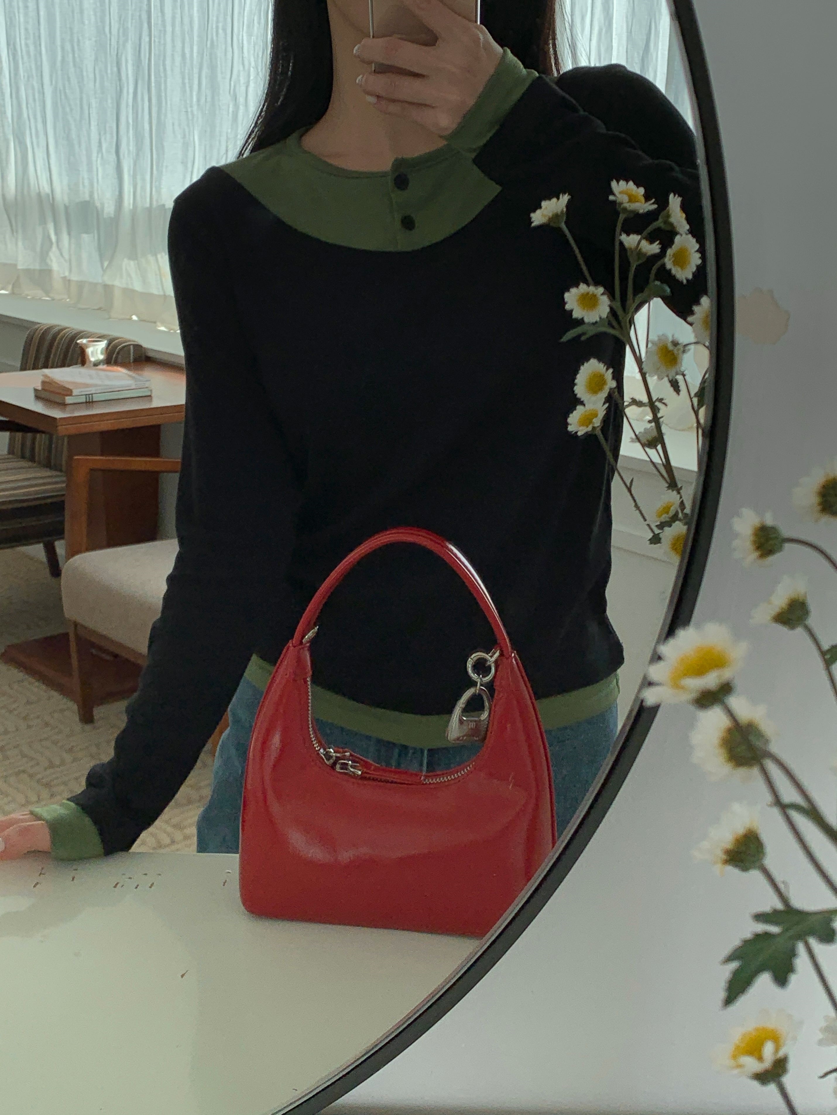 配色ラウンドネックオフショルダーベーシックスリム長袖Tシャツ | 詳細画像3