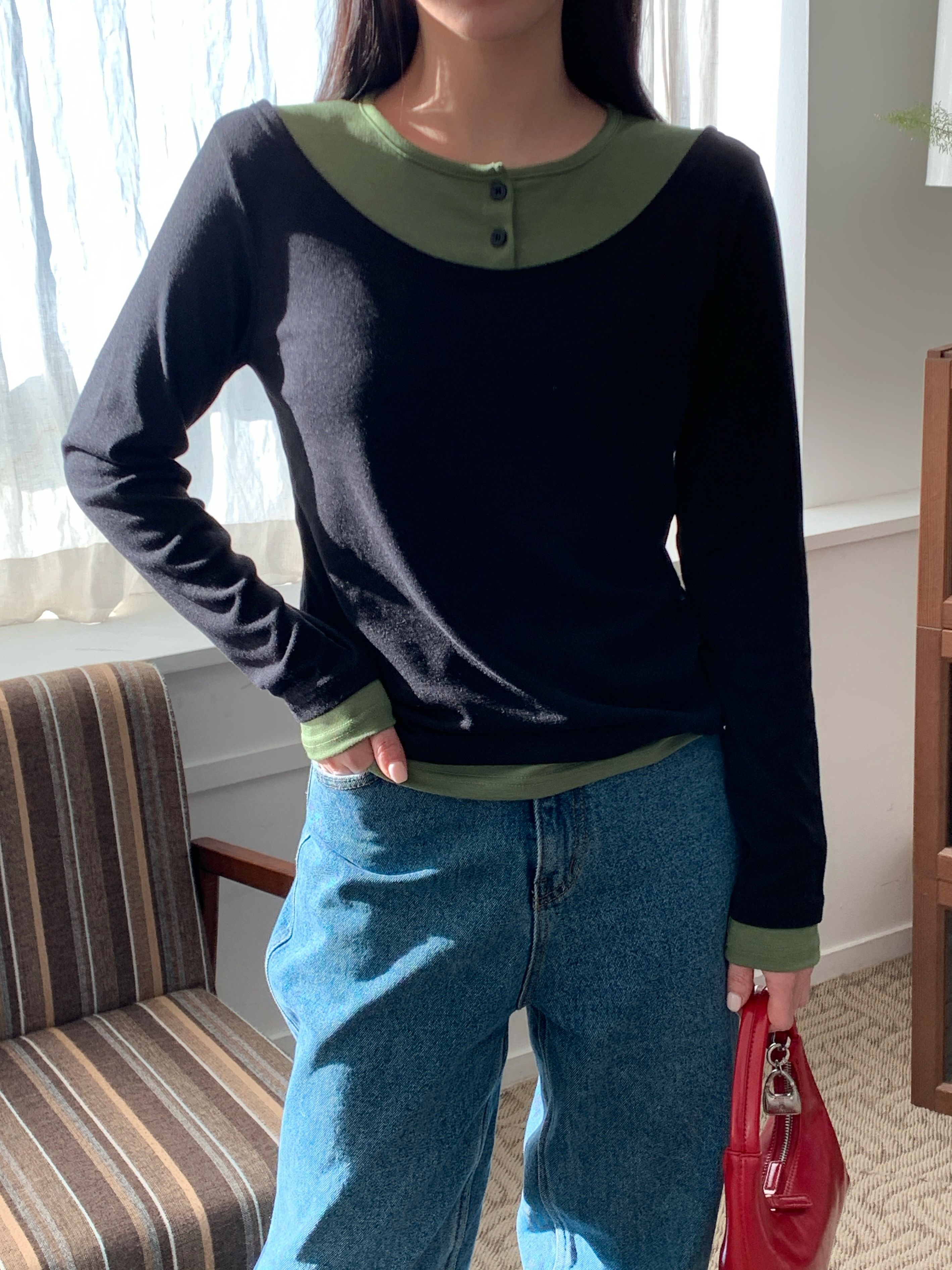 配色ラウンドネックオフショルダーベーシックスリム長袖Tシャツ | 詳細画像4