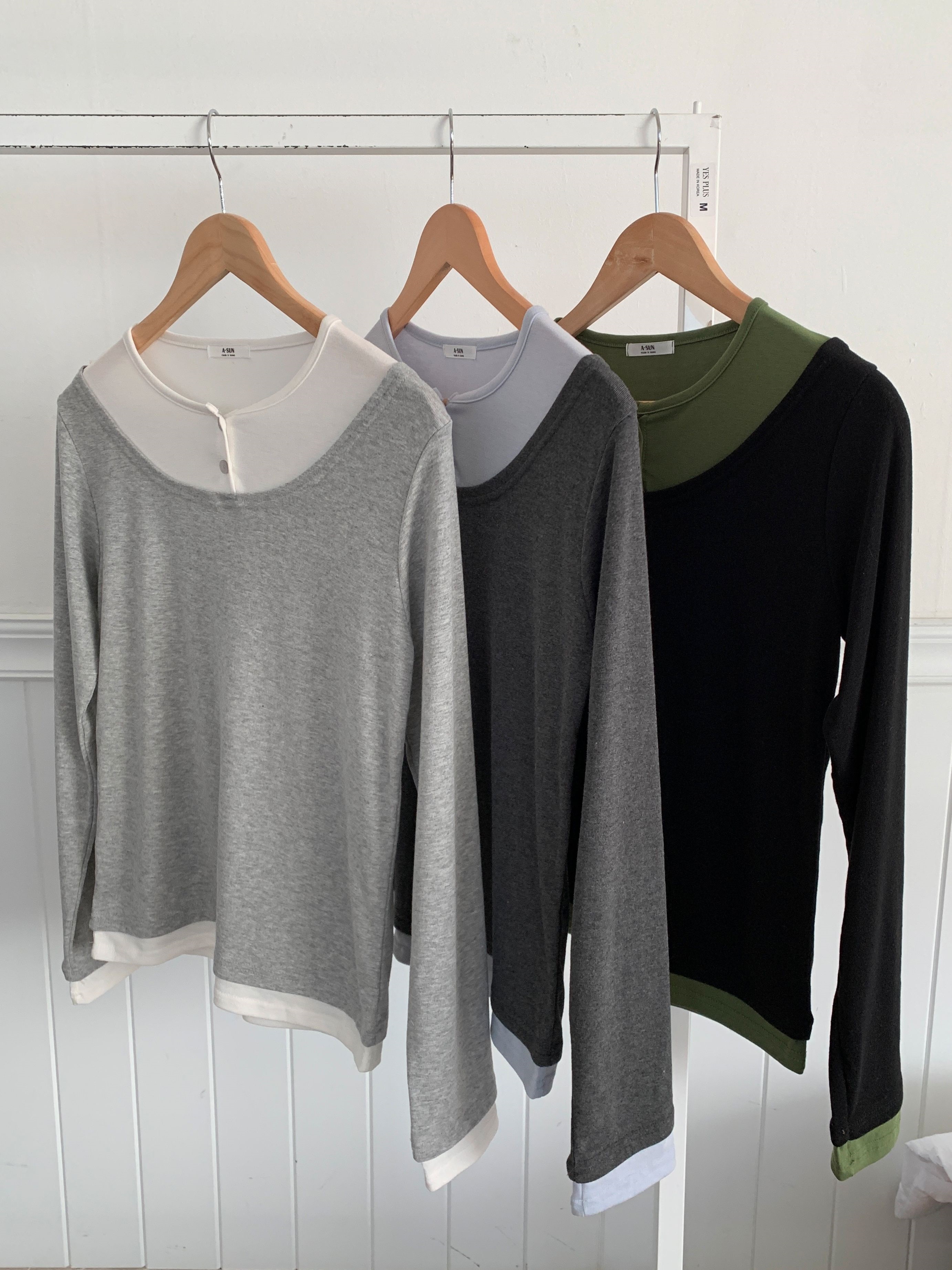 配色ラウンドネックオフショルダーベーシックスリム長袖Tシャツ | 詳細画像6