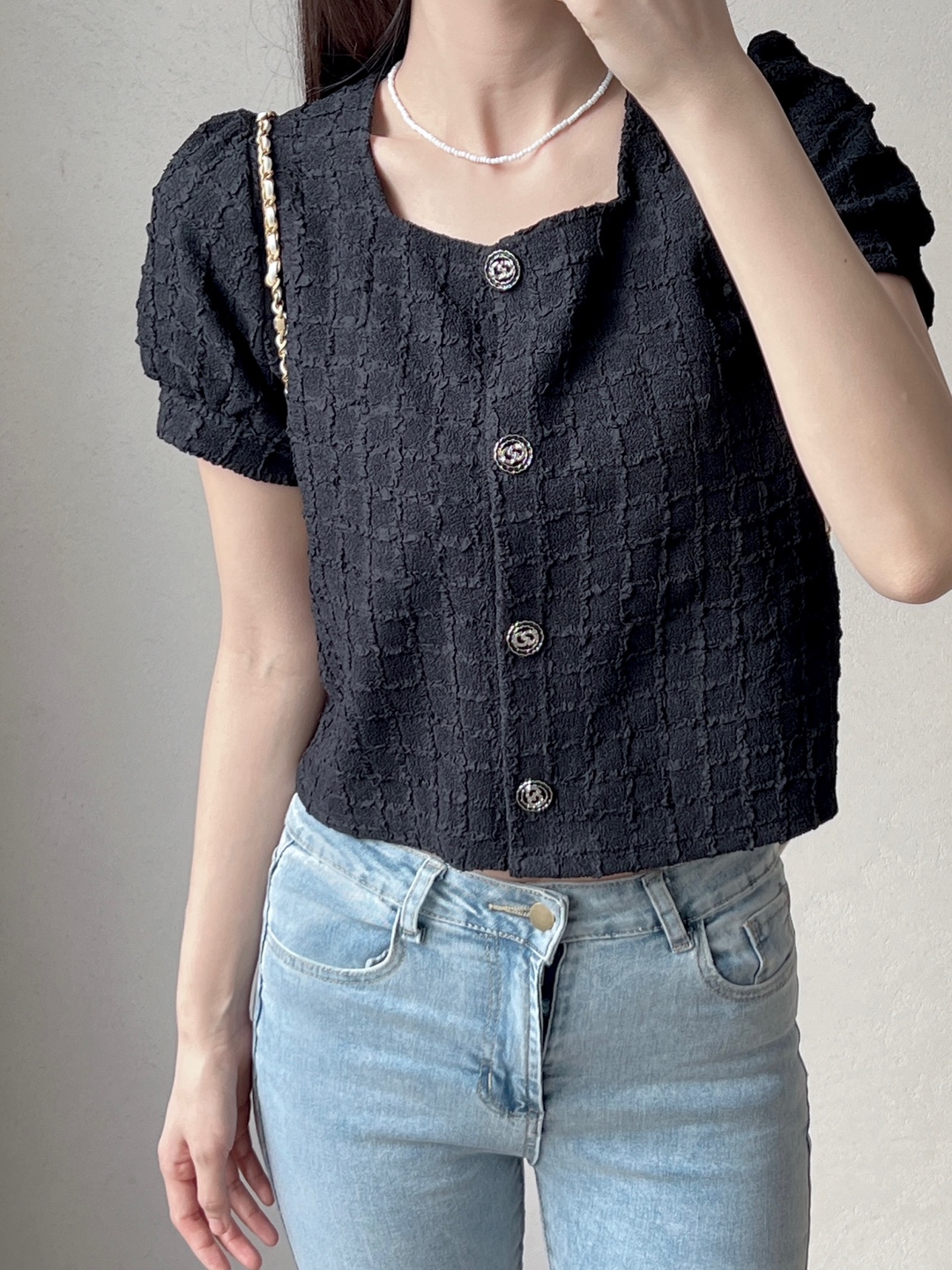 ボタンラウンドネックベーシック半袖カーディガン | 詳細画像3