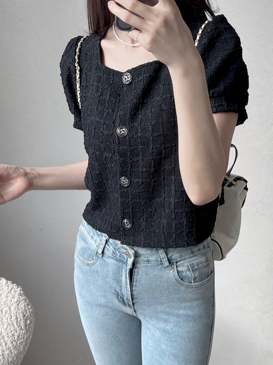 ボタンラウンドネックベーシック半袖カーディガン | 詳細画像6