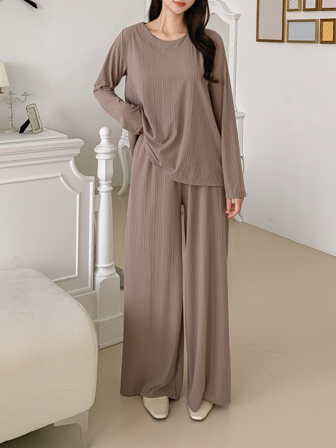 ラウンドネックリンクルベーシックウエストゴムルーズ長袖ワイドセットアップパンツTシャツ | 詳細画像2