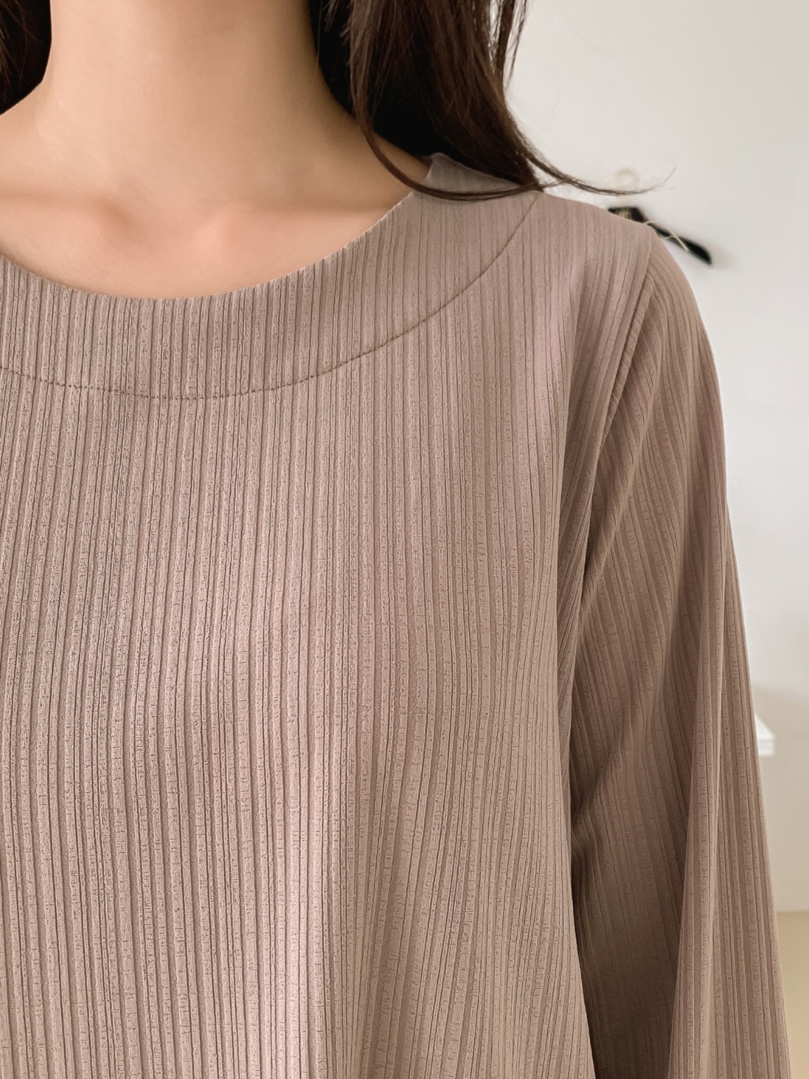 ラウンドネックリンクルベーシックウエストゴムルーズ長袖ワイドセットアップパンツTシャツ | 詳細画像4