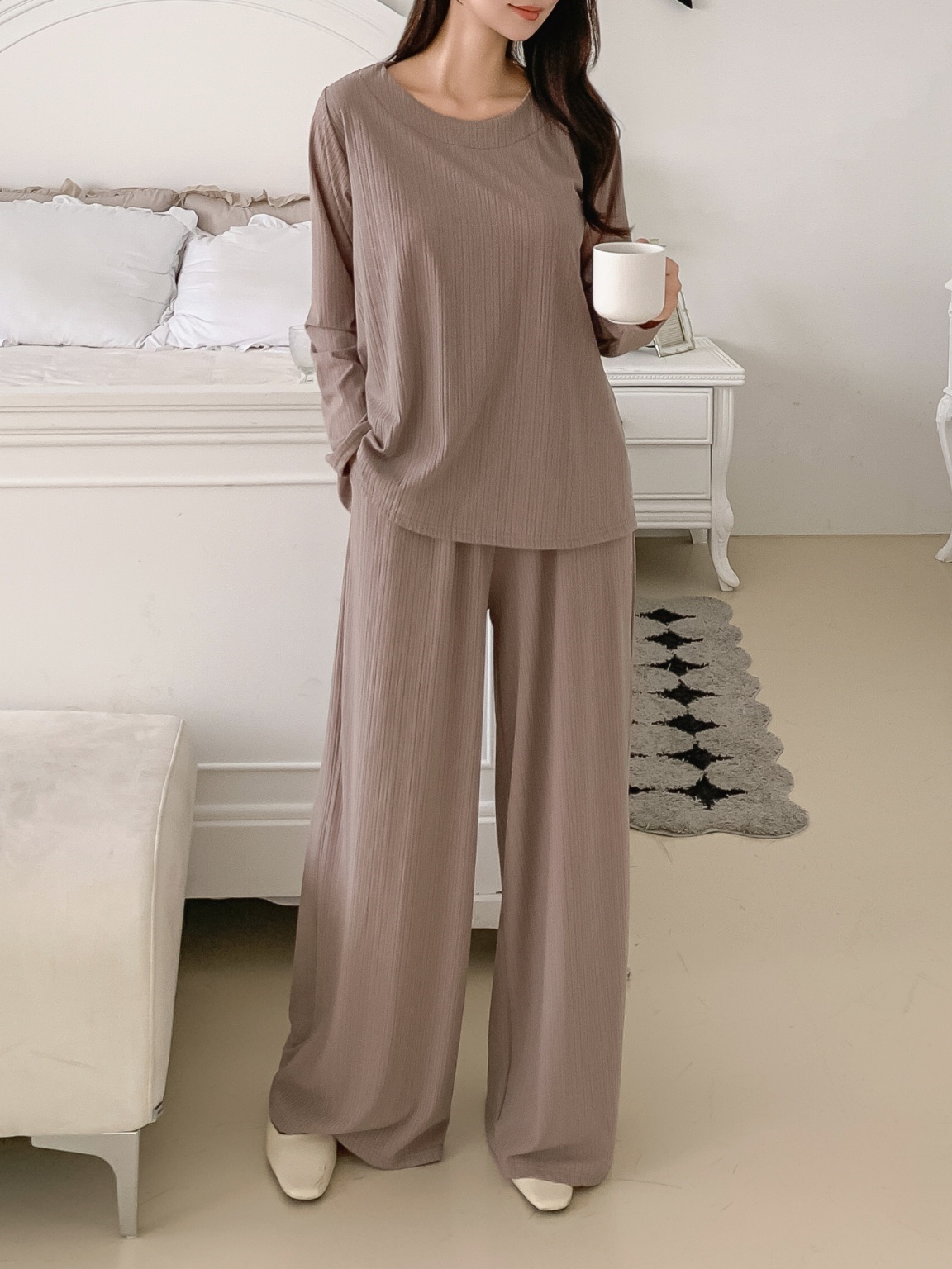 ラウンドネックリンクルベーシックウエストゴムルーズ長袖ワイドセットアップパンツTシャツ | 詳細画像6