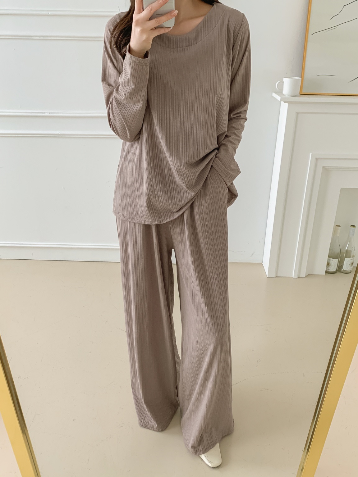 ラウンドネックリンクルベーシックウエストゴムルーズ長袖ワイドセットアップパンツTシャツ | 詳細画像7