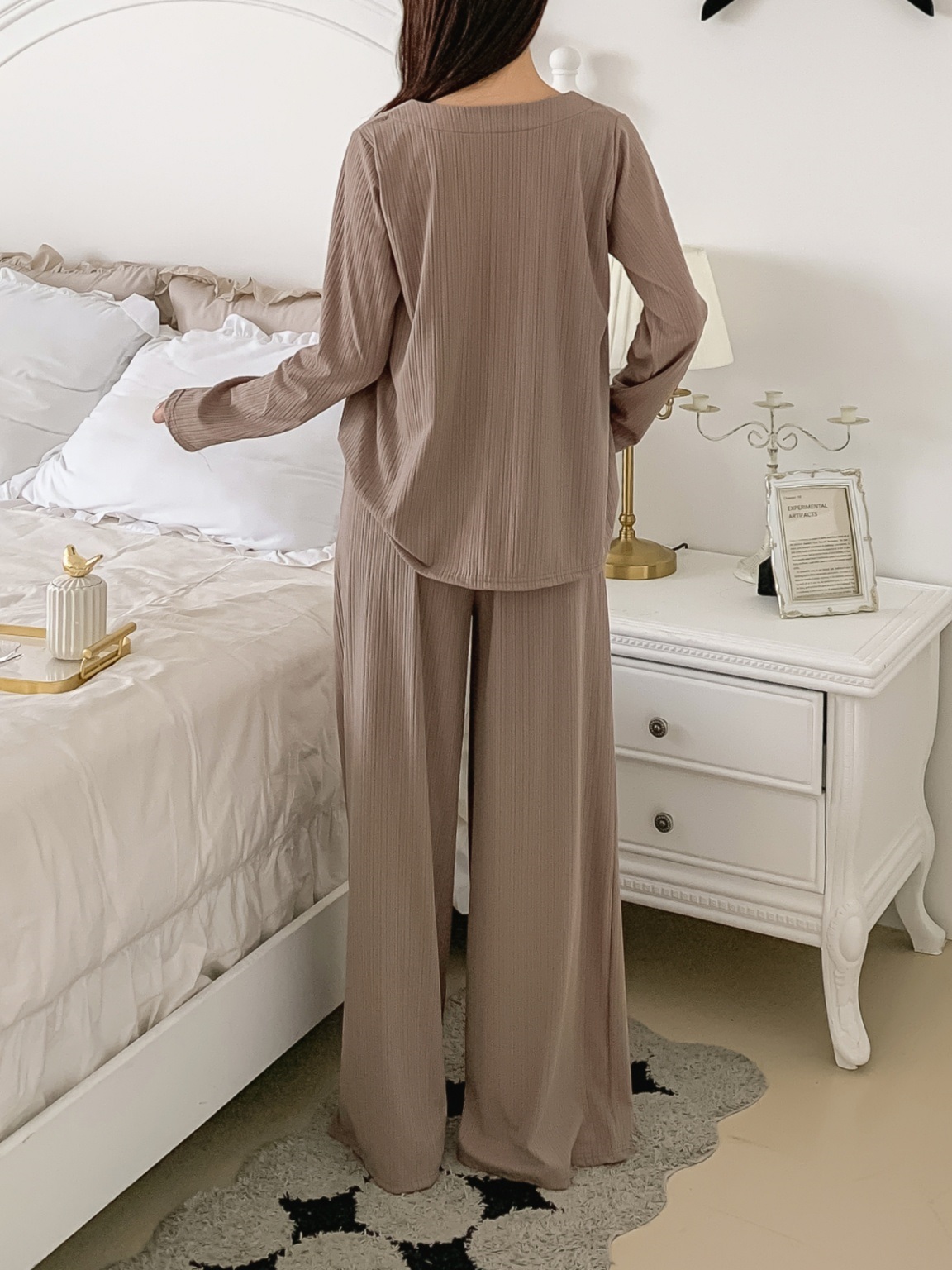 ラウンドネックリンクルベーシックウエストゴムルーズ長袖ワイドセットアップパンツTシャツ | 詳細画像8