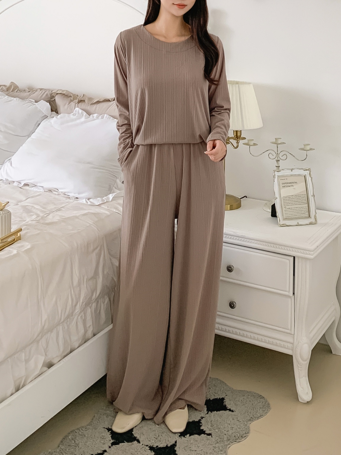 ラウンドネックリンクルベーシックウエストゴムルーズ長袖ワイドセットアップパンツTシャツ | 詳細画像11