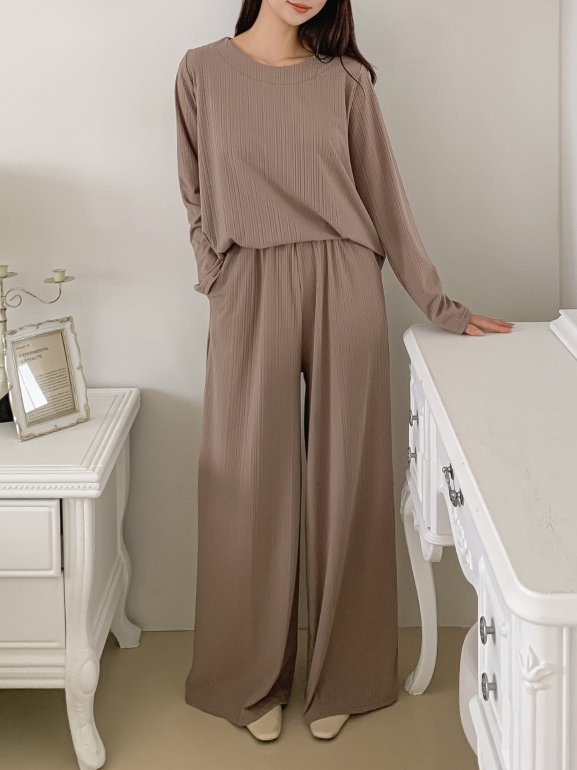 ラウンドネックリンクルベーシックウエストゴムルーズ長袖ワイドセットアップパンツTシャツ | 詳細画像13