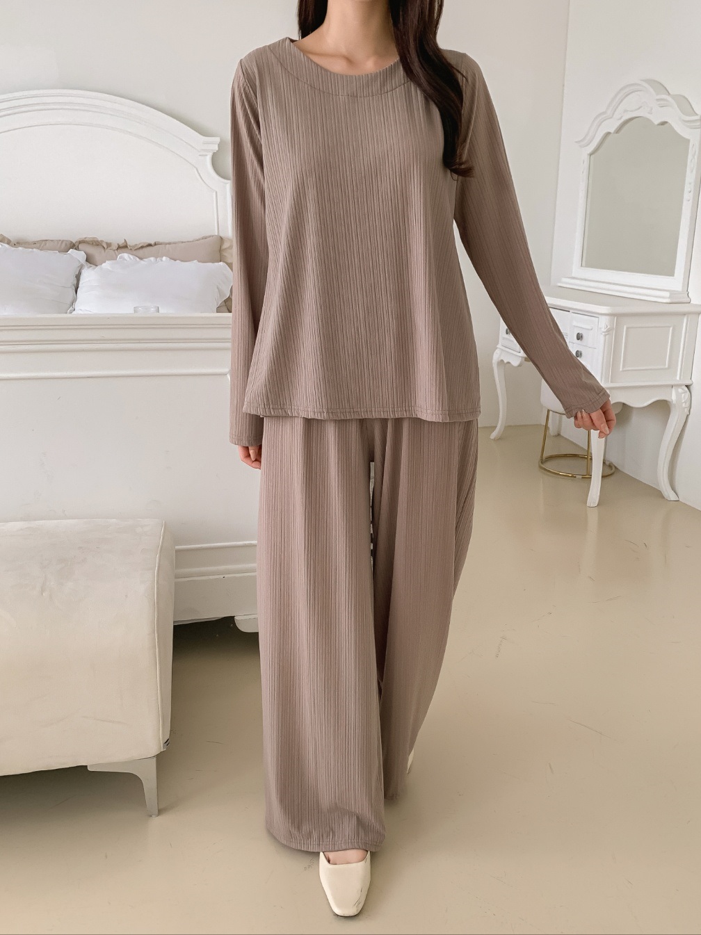 ラウンドネックリンクルベーシックウエストゴムルーズ長袖ワイドセットアップパンツTシャツ | 詳細画像15