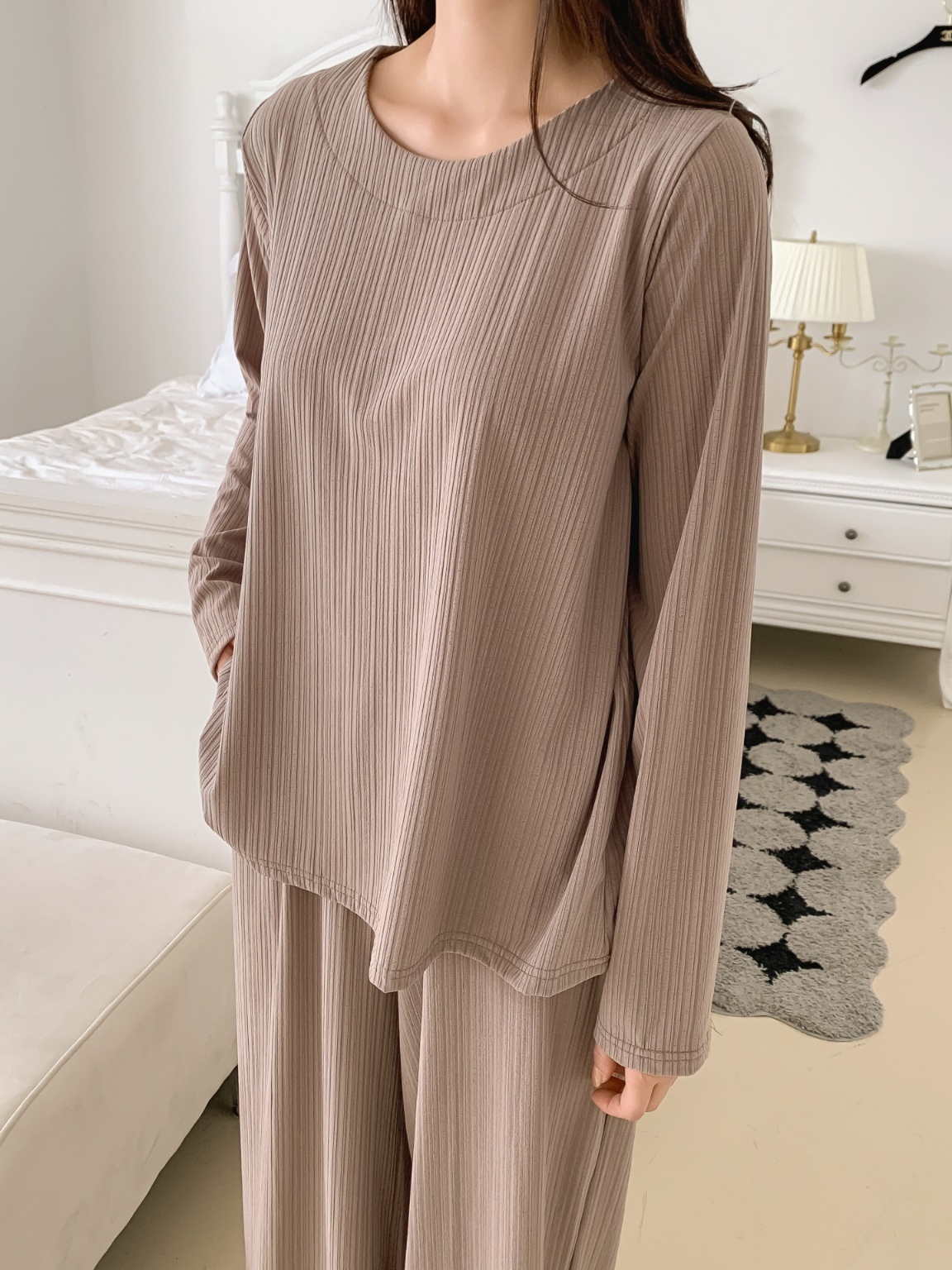 ラウンドネックリンクルベーシックウエストゴムルーズ長袖ワイドセットアップパンツTシャツ | 詳細画像16