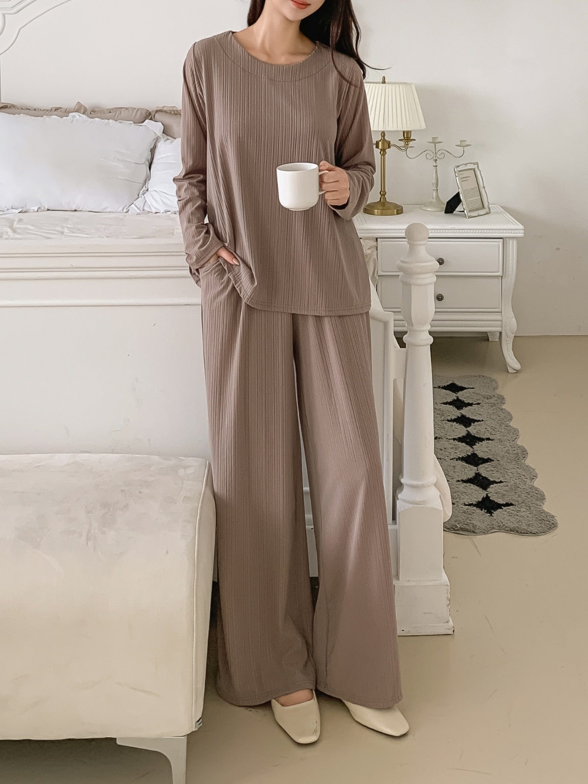 ラウンドネックリンクルベーシックウエストゴムルーズ長袖ワイドセットアップパンツTシャツ | 詳細画像17