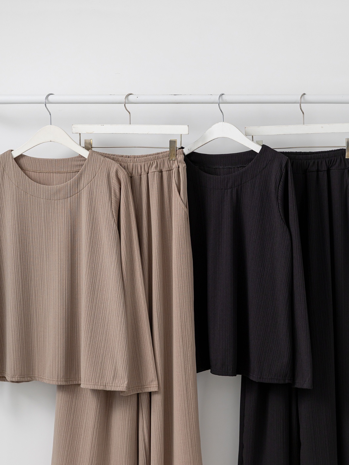 ラウンドネックリンクルベーシックウエストゴムルーズ長袖ワイドセットアップパンツTシャツ | 詳細画像19