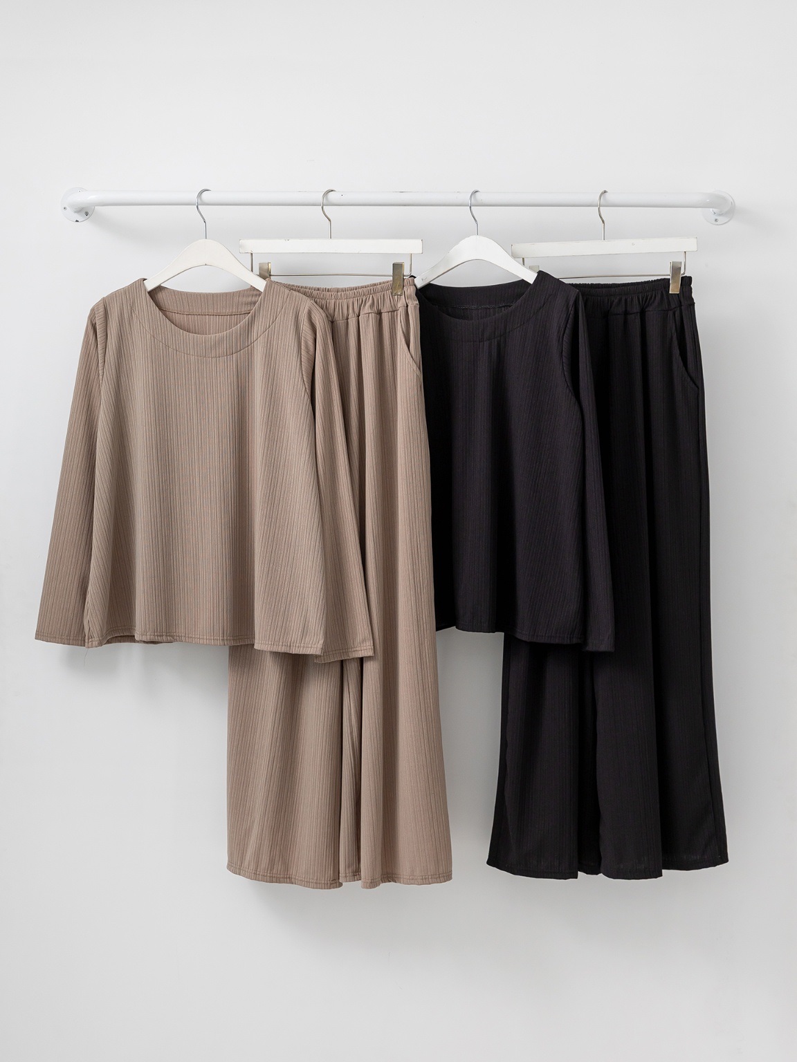 ラウンドネックリンクルベーシックウエストゴムルーズ長袖ワイドセットアップパンツTシャツ | 詳細画像20