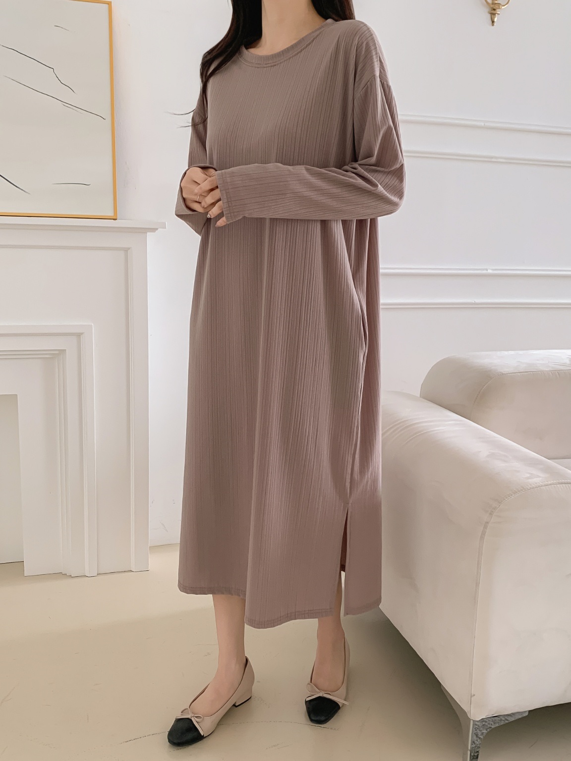 ラウンドネックリンクルボクシールーズ長袖ワンピース | 詳細画像2