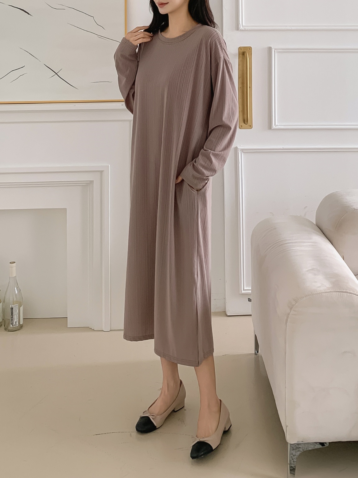 ラウンドネックリンクルボクシールーズ長袖ワンピース | 詳細画像7