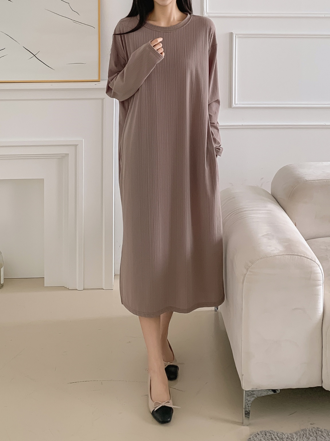 ラウンドネックリンクルボクシールーズ長袖ワンピース | 詳細画像8