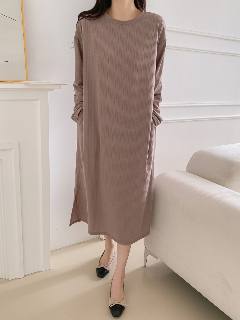 ラウンドネックリンクルボクシールーズ長袖ワンピース | 詳細画像10